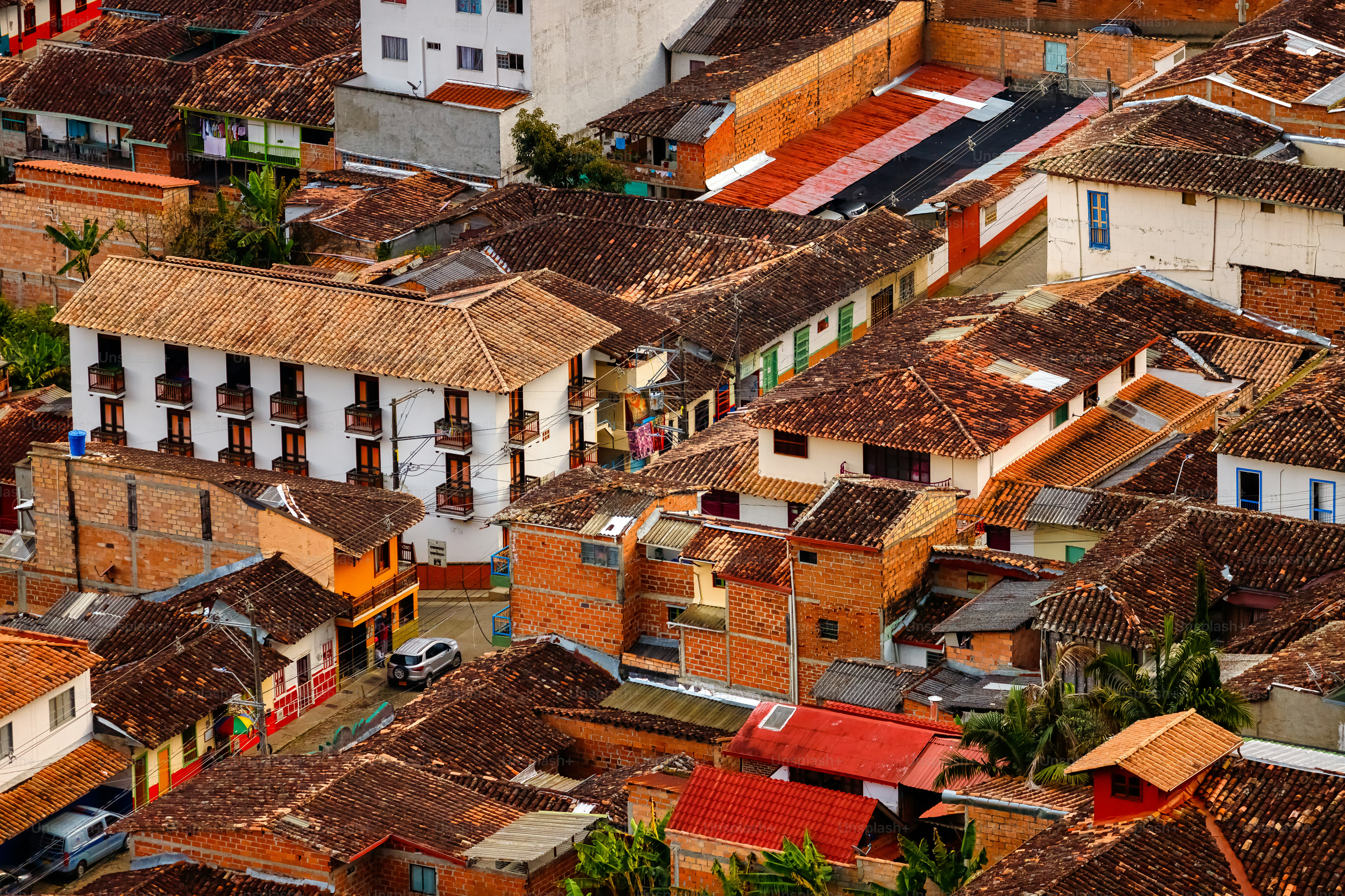 Aerial view of streets of Jerico, Colombia, during sunset
