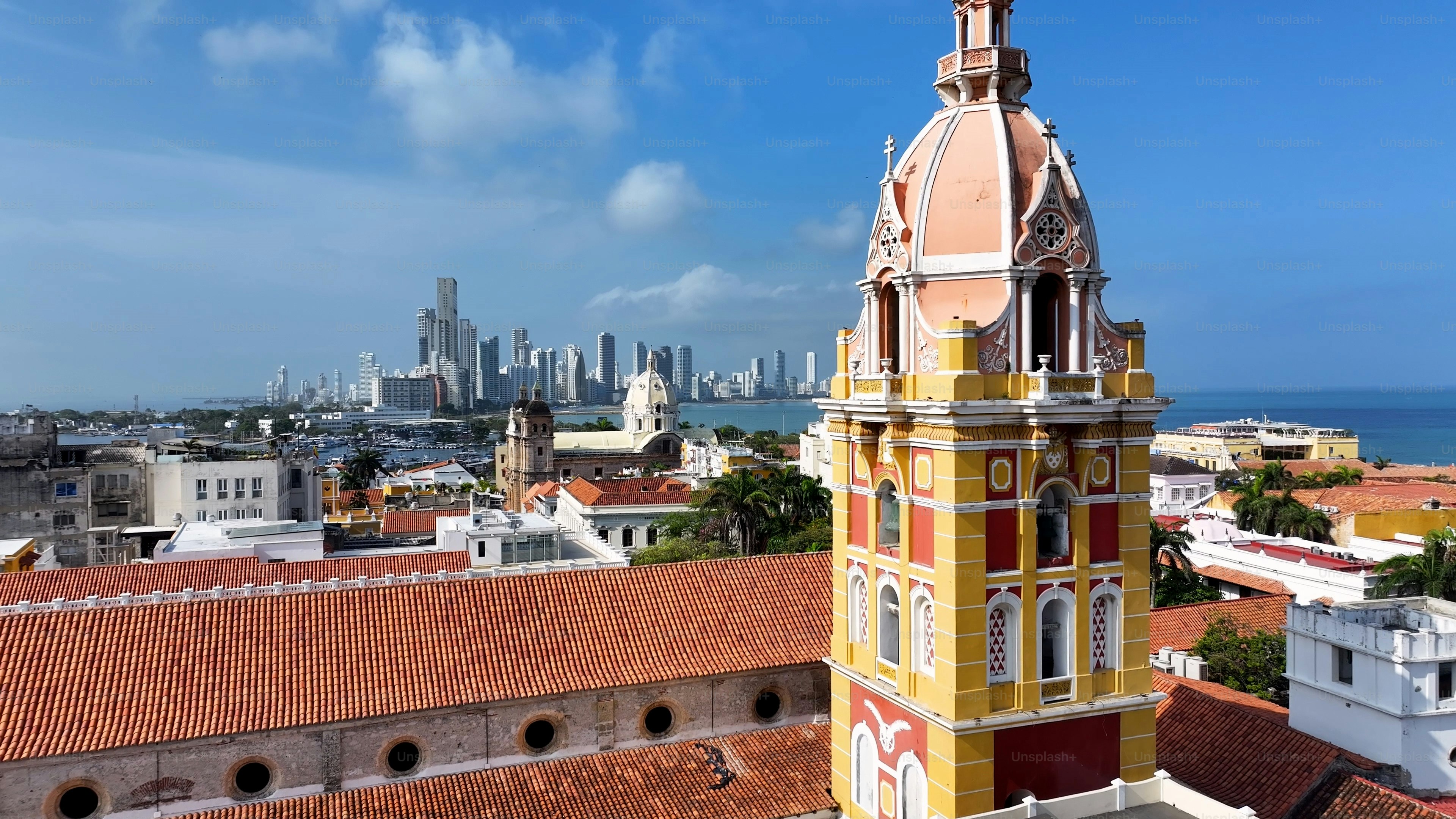 Historical Center At Cartagena De India In Bolivar Colombia. Caribbean Cityscape. Downtown Background. Cartagena De India At Bolivar Colombia. Tourism Landscape. Walled City Landmark.