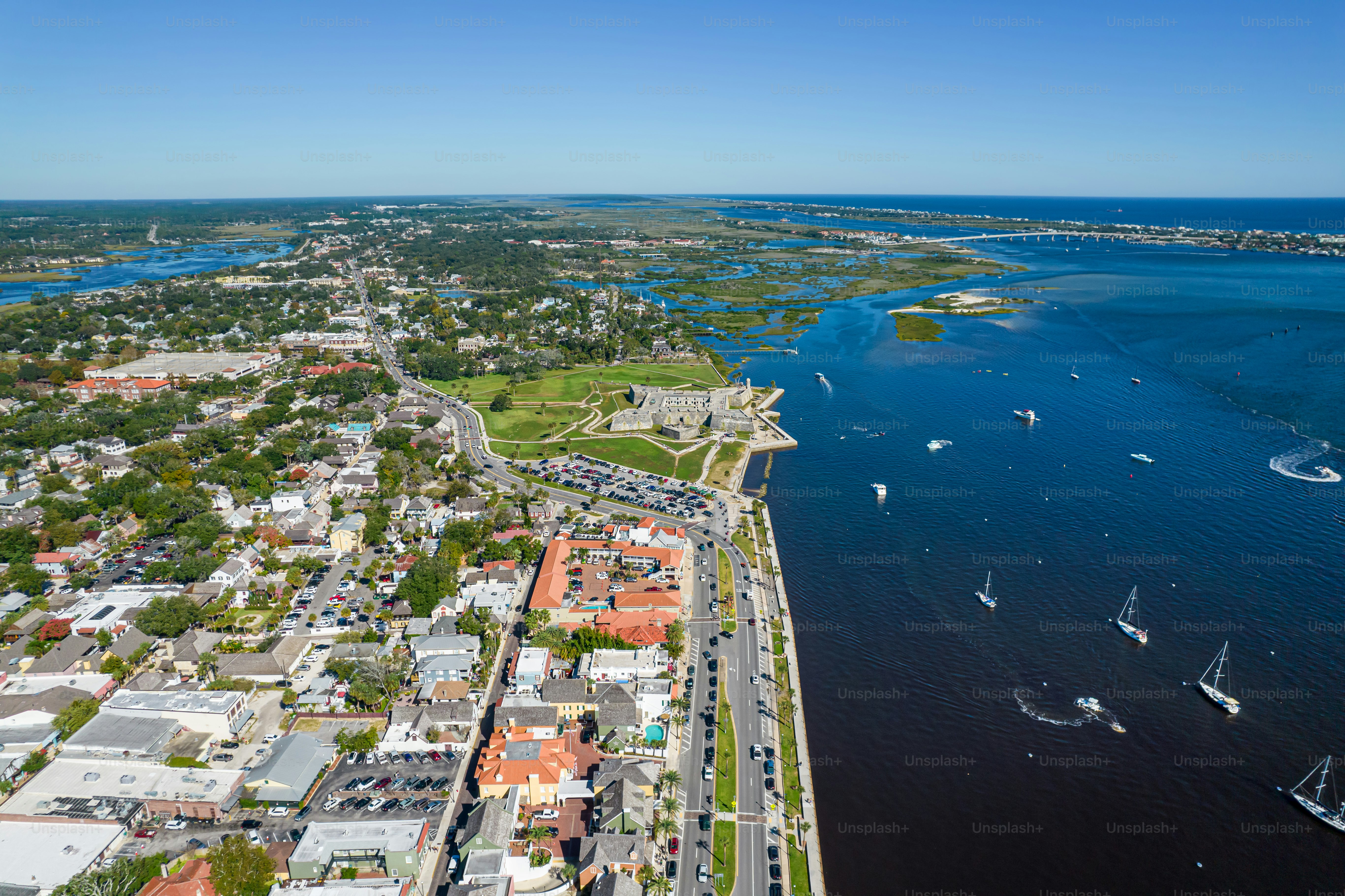 Beautiful aerial view of the St Augustine, the oldest town in USA. the castle of San Marcos National Monument, Flagler College and the Matanzas Bay