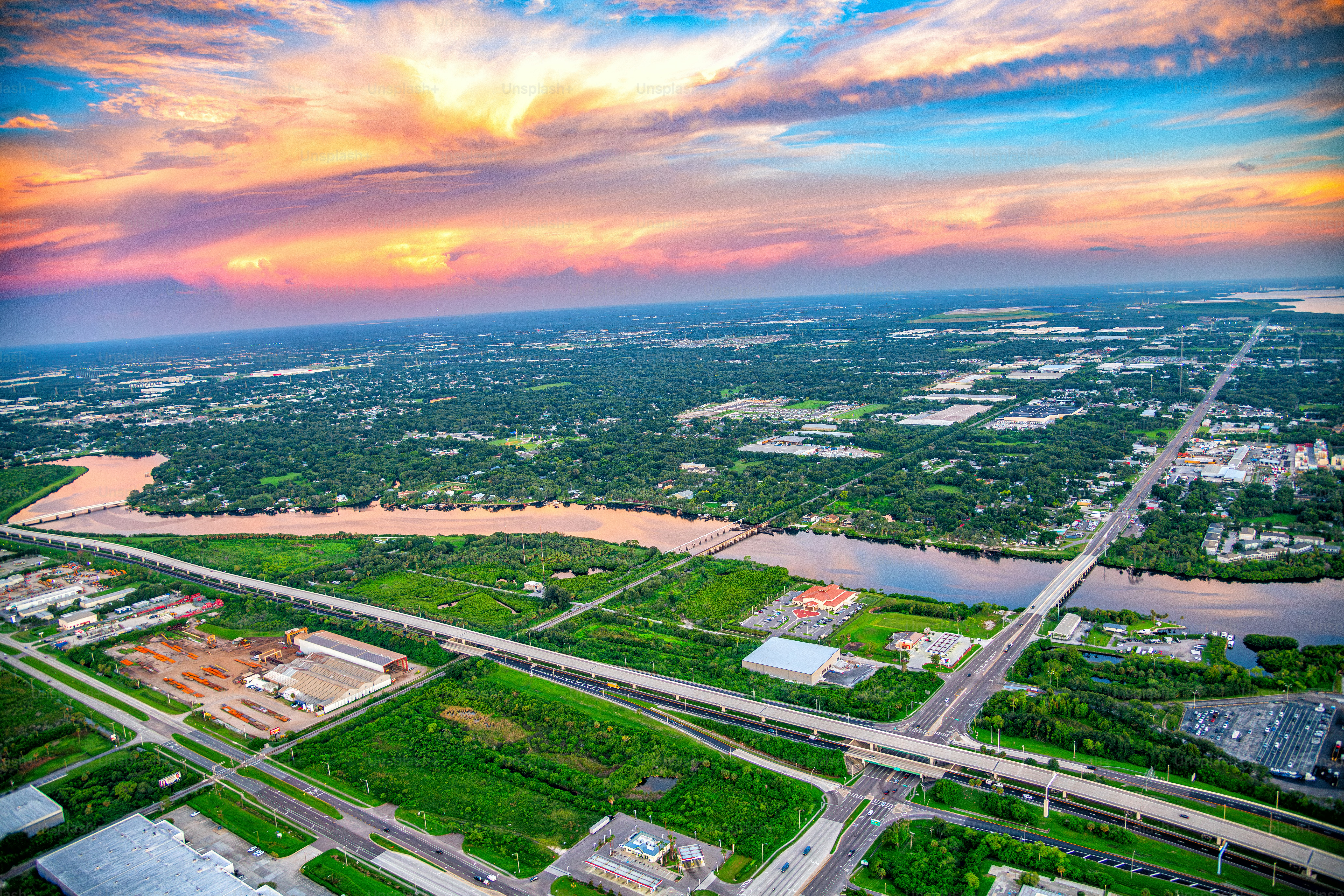 Aerial view of the Tampa Bypass Canal, a flood control canal 14 miles ...
