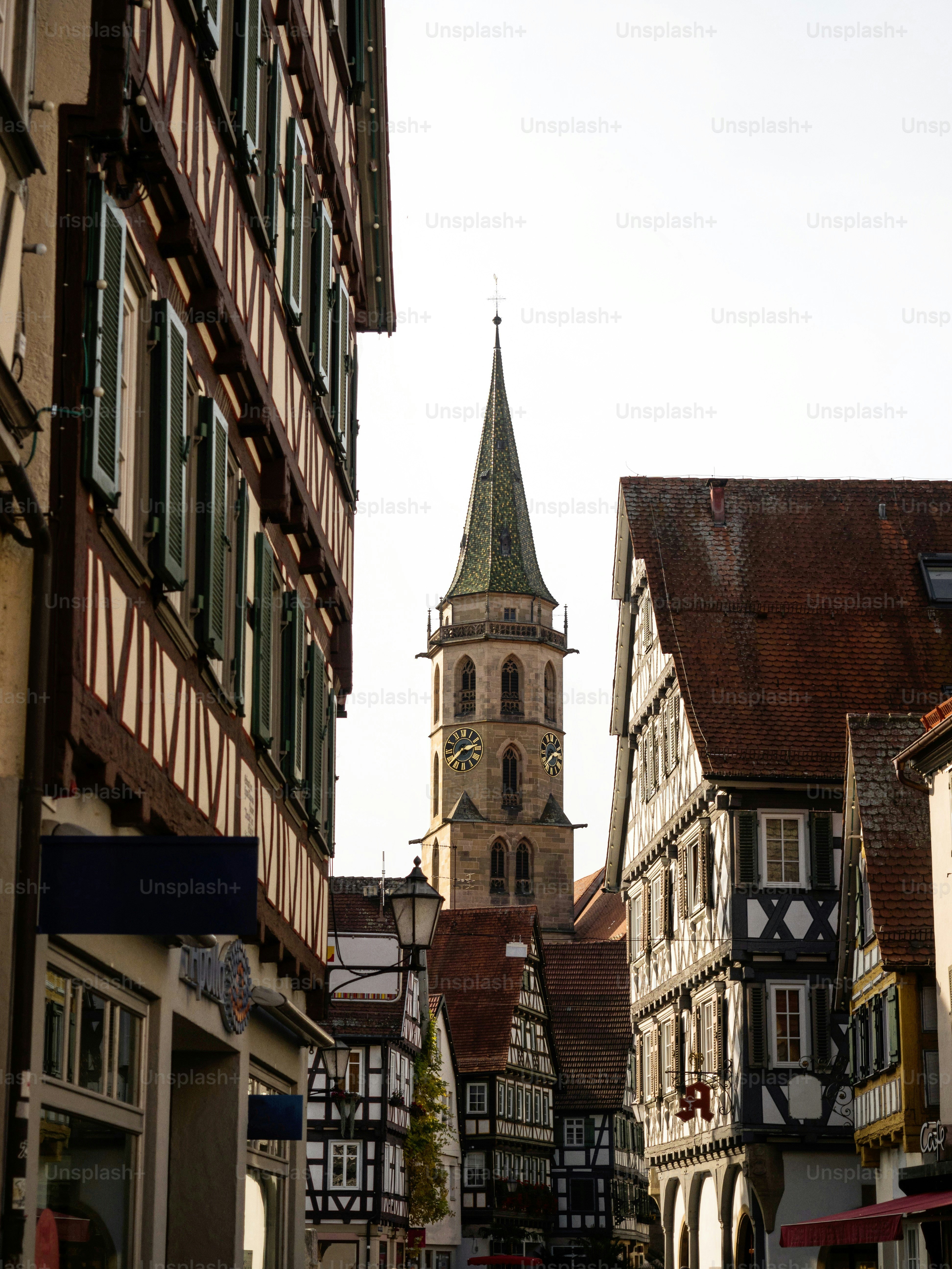 Traditional typical architecture half-timbered house buildings in old town historic centre of charming quaint town of Schorndorf Rems Murr Kreis, Stuttgart Baden Wuerttemberg Germany Europe