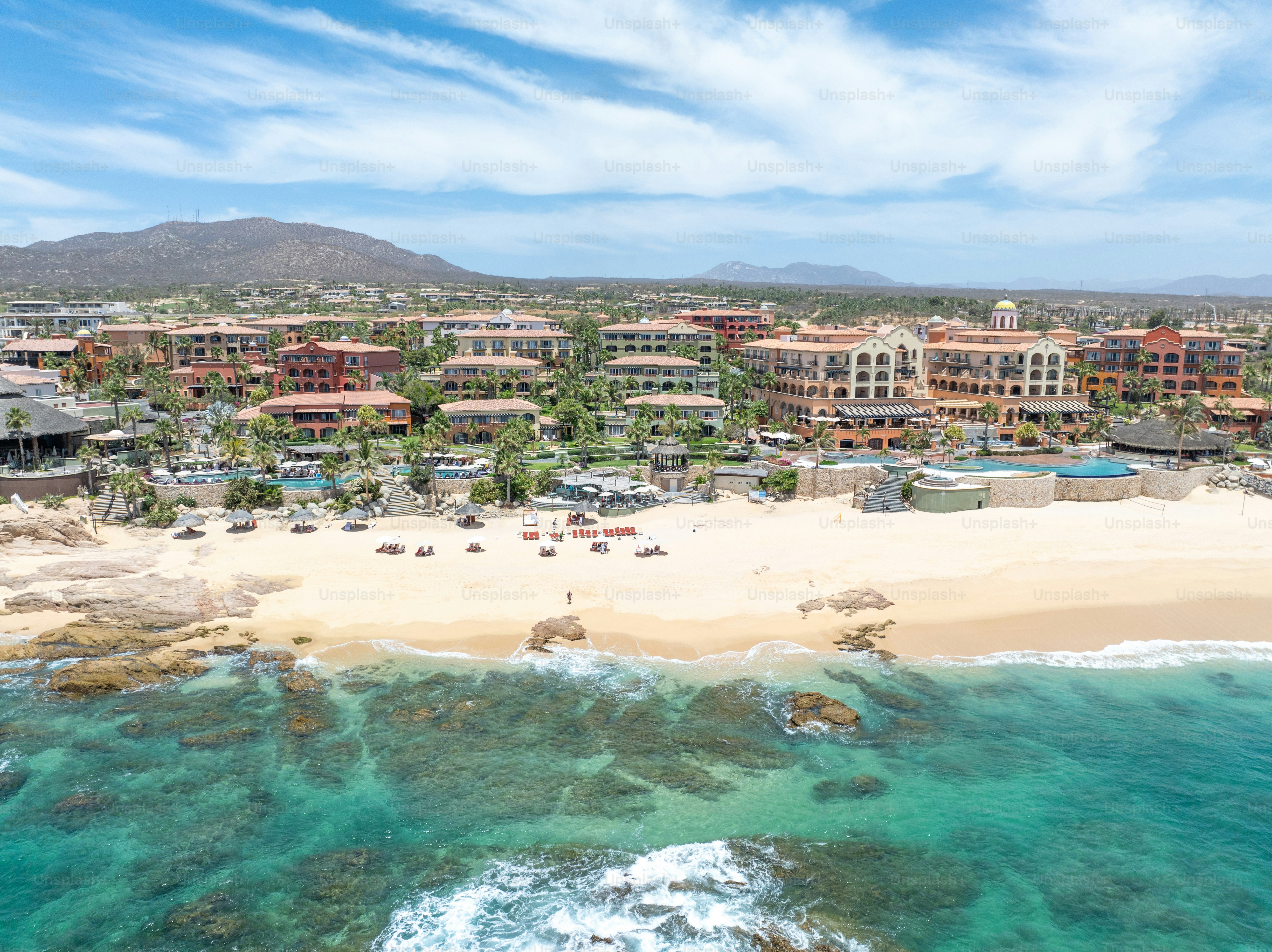 Aerial view of tropical beach with resorts in Cabo San Jose, Baja California Sur, Mexico