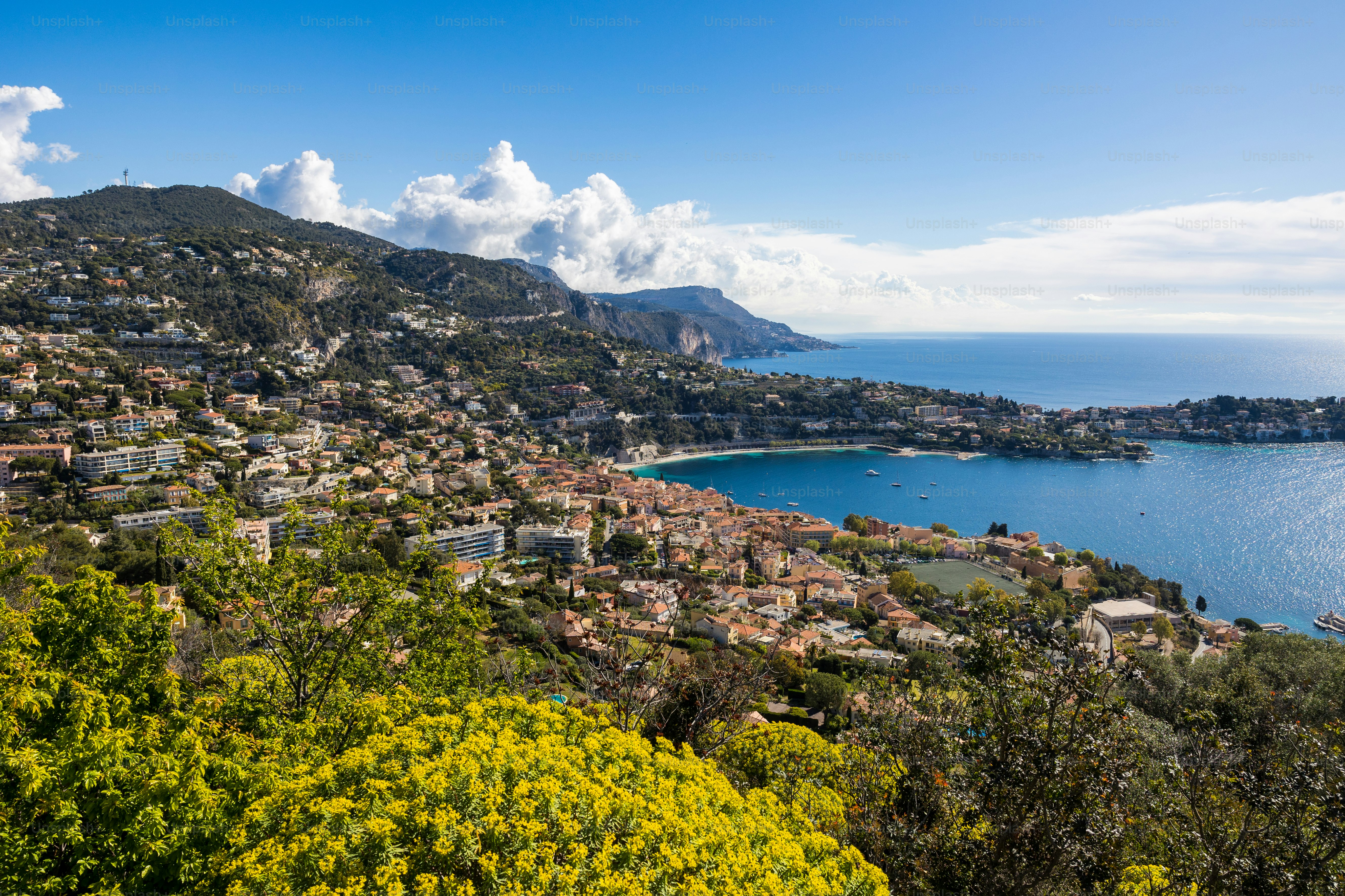 니스의 Mont Alban Fort에서 Villefranche-sur-Mer Roadstead의 파노라마
