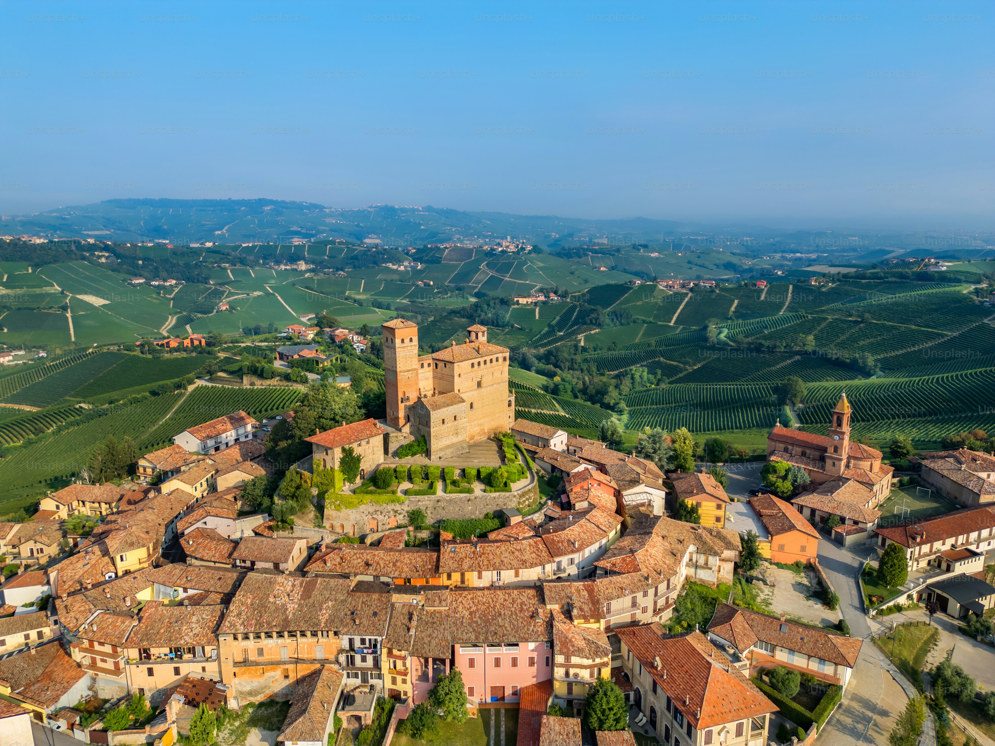 Serralunga d'Alba, vineyards from drone, Piedmont