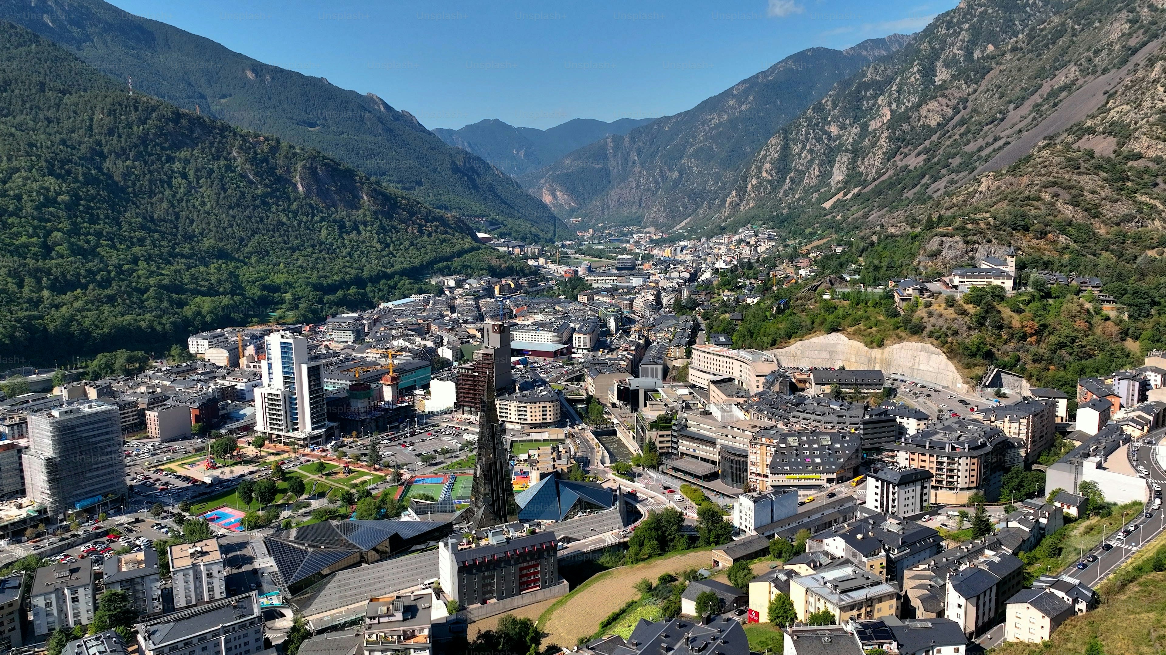 Andorra la Vella, City Center of the capital city of Andorra in between Pyrenees.