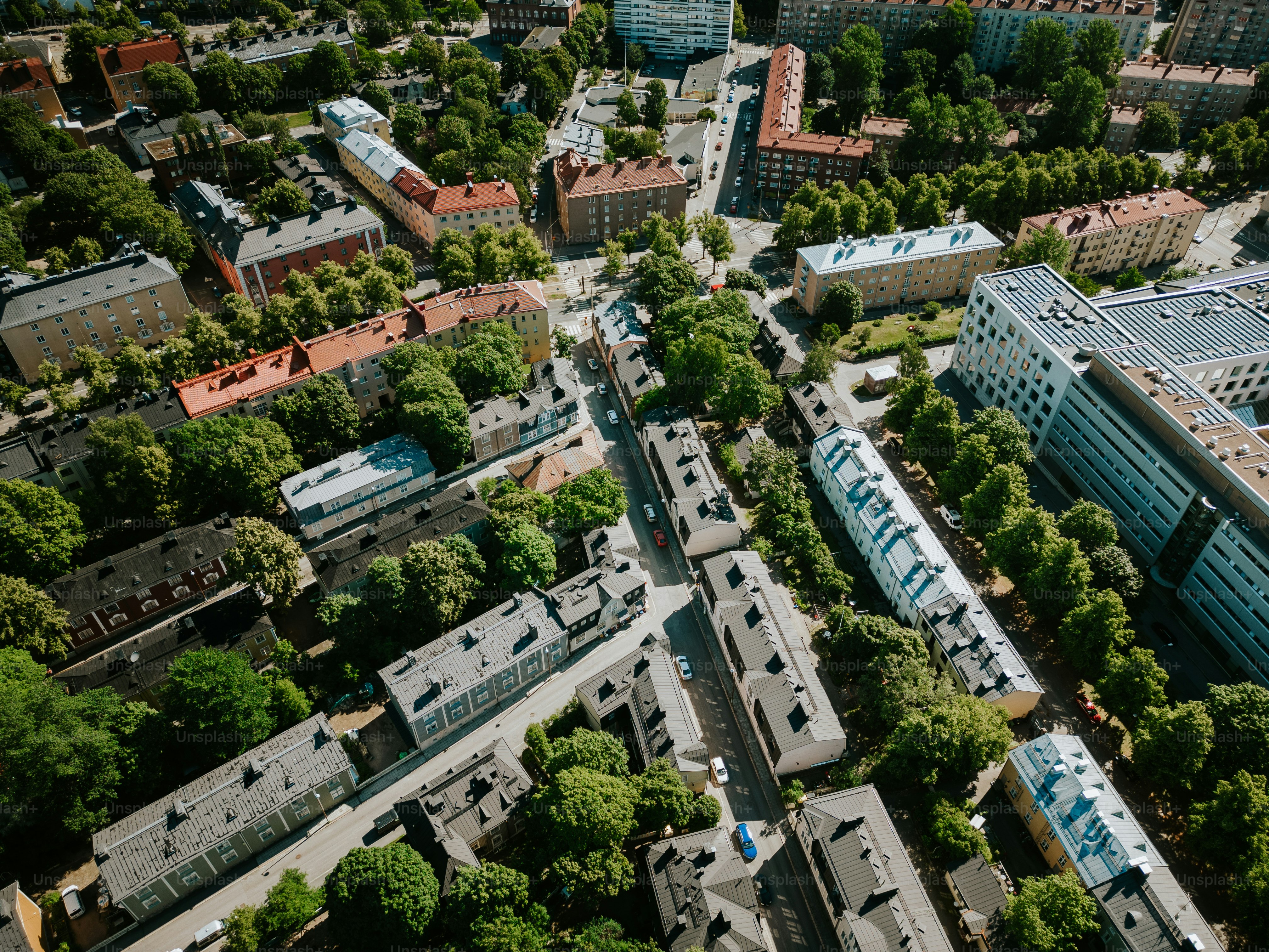 Series of various drone shots in different time around Helsinki shot in summer