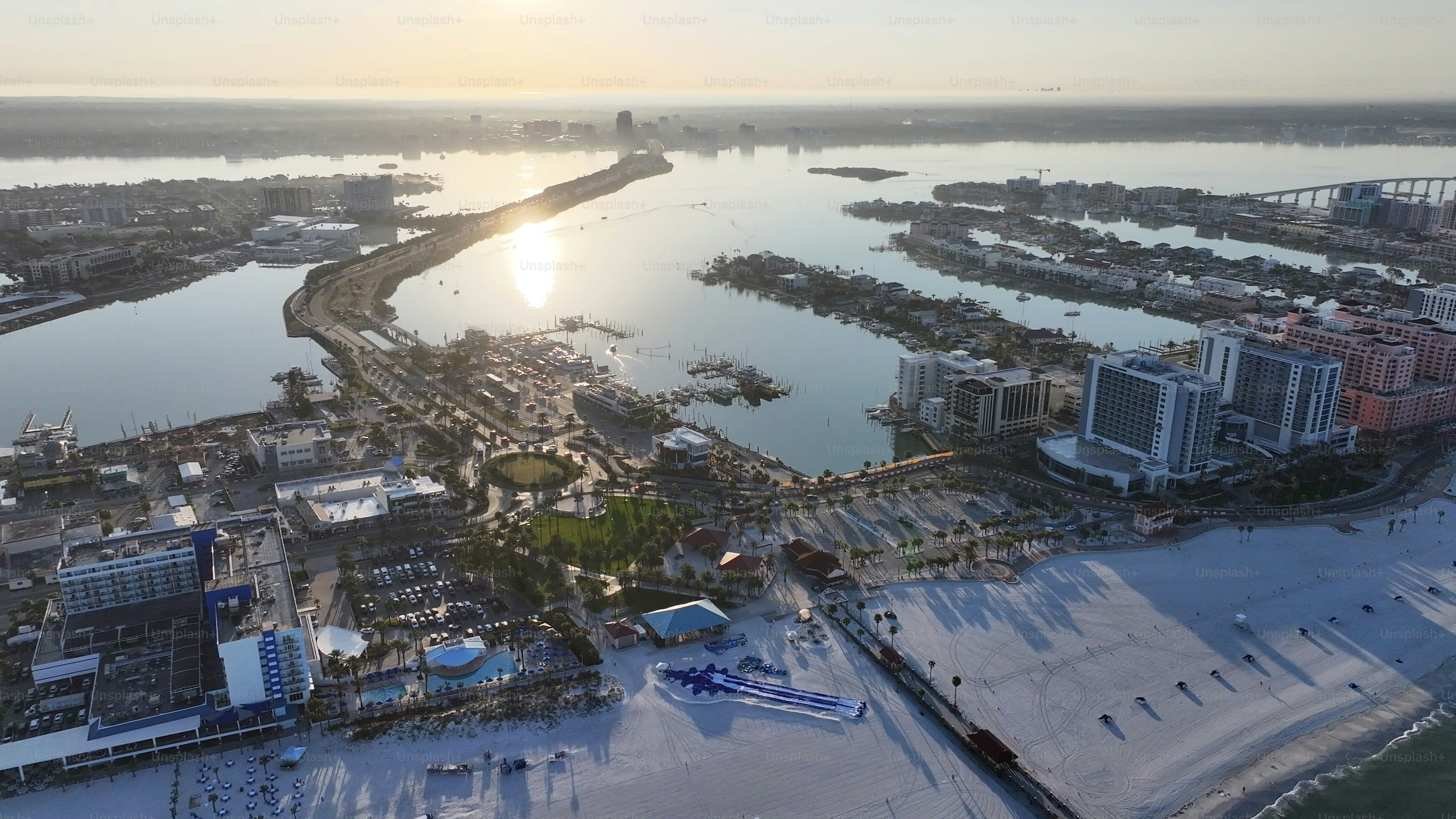 Clearwater Beach At Clearwater In Florida United States. Sunrise Beach. Sunlight Cityscape. Downtown City. Clearwater Beach At Clearwater In Florida United States. Amazing Sunset Skyline.