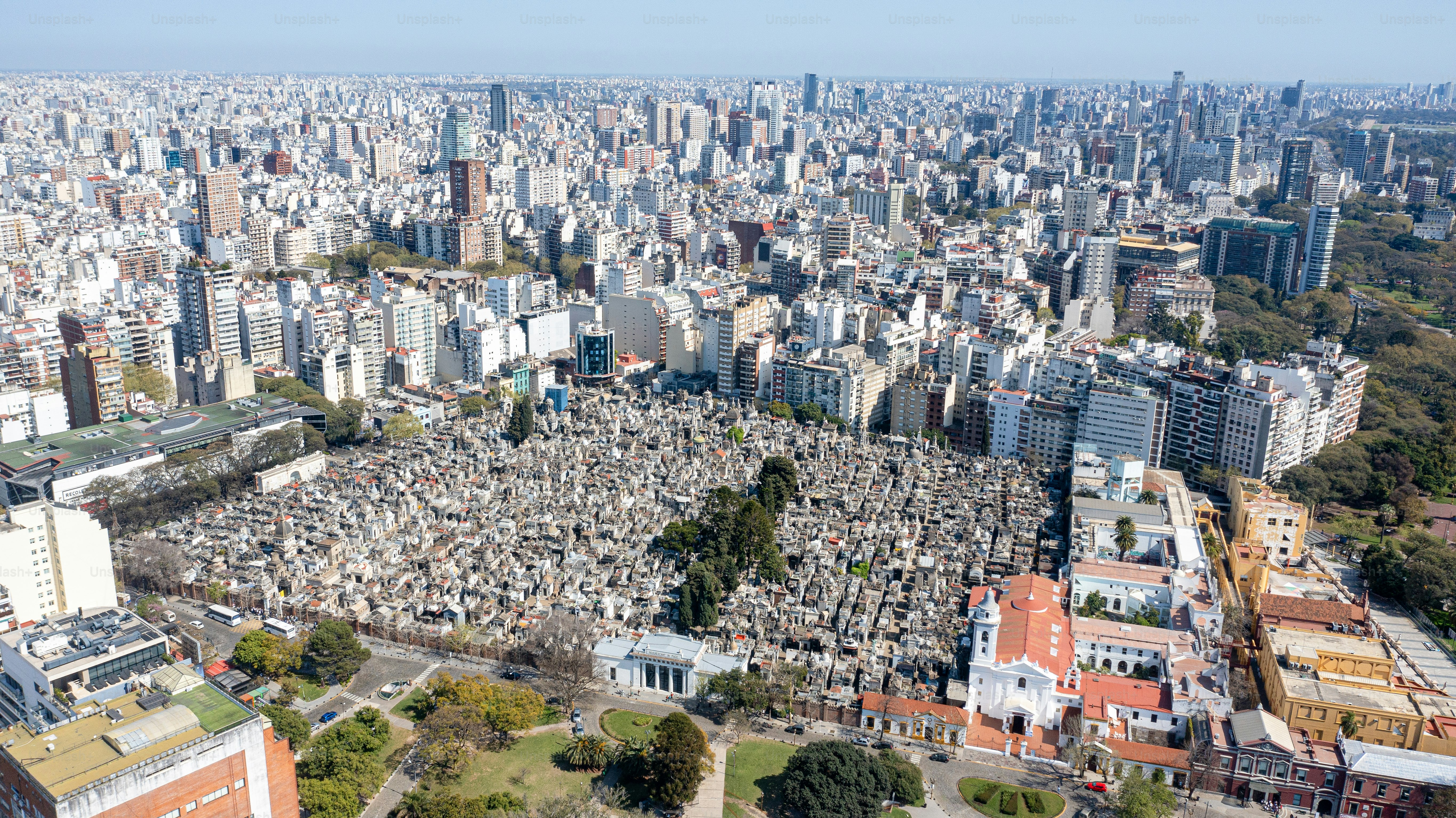 Drone shot view of the Recoleta Cemetery in Buenos Aires, Argentina
