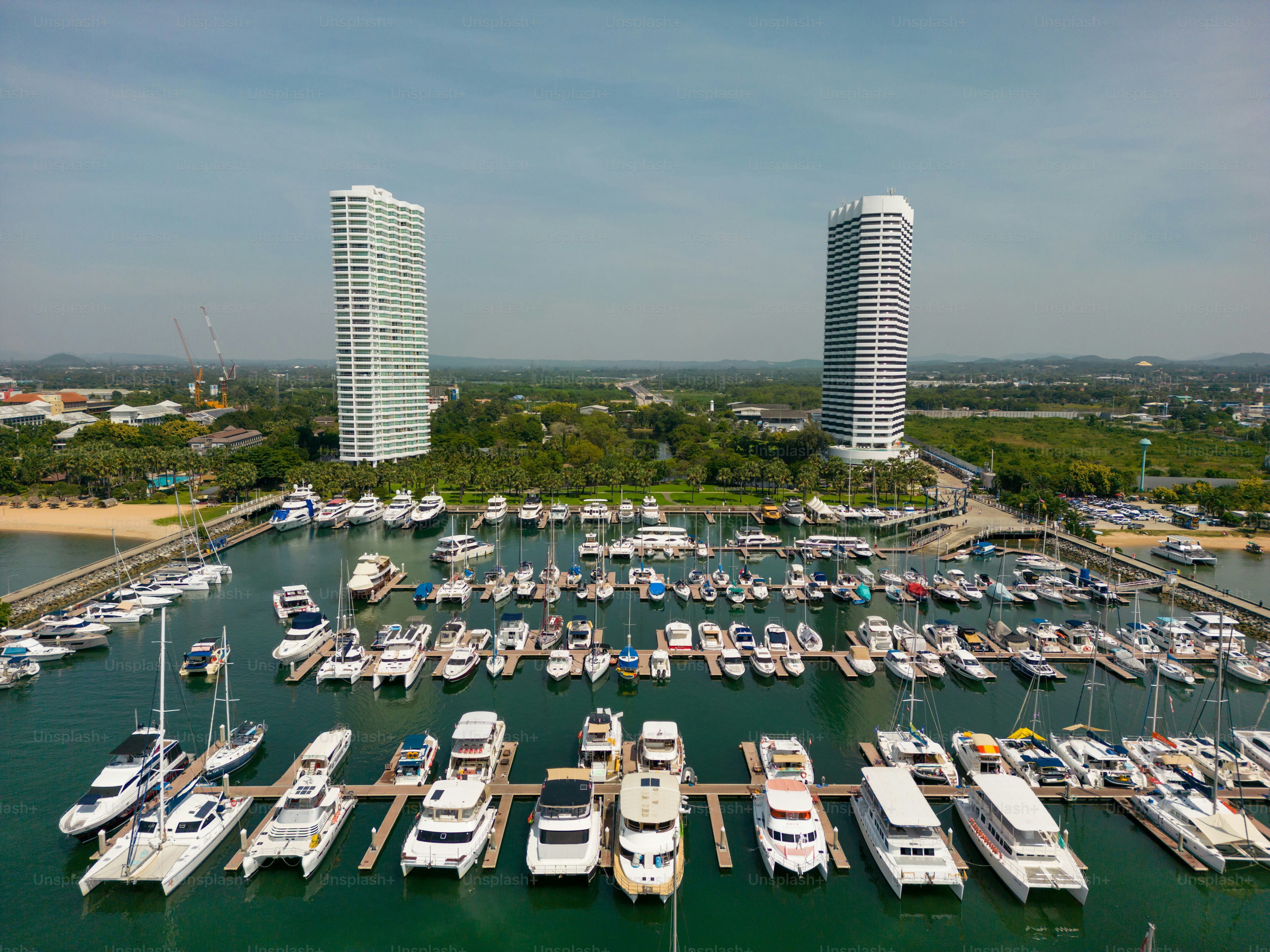 An aerial drone view of Ocean Marina Resort located in Pattaya Jomtien, Thailand.