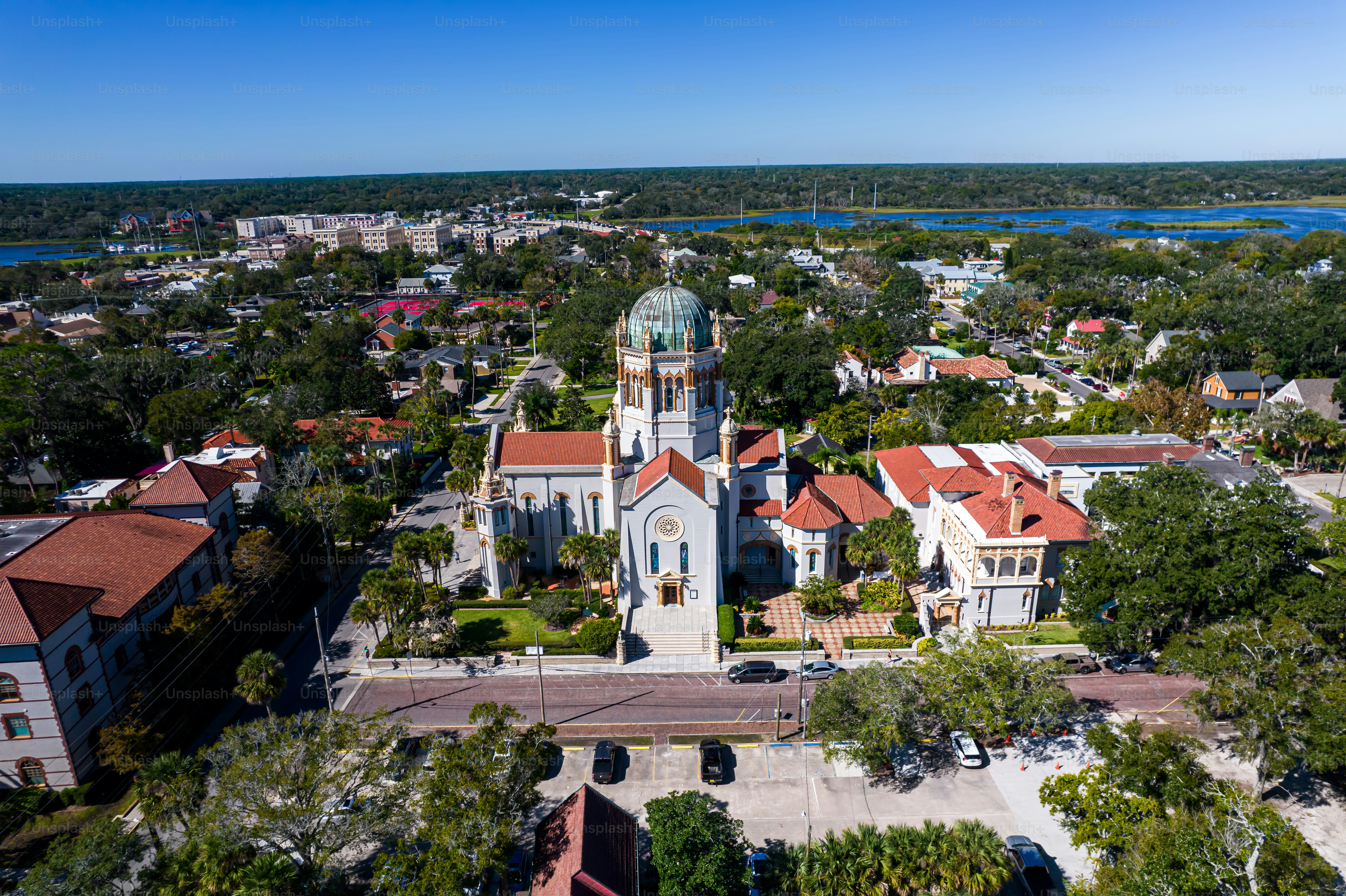Beautiful aerial view of the St Augustine, the oldest town in USA. the castle of San Marcos National Monument, Flagler College and the Matanzas Bay