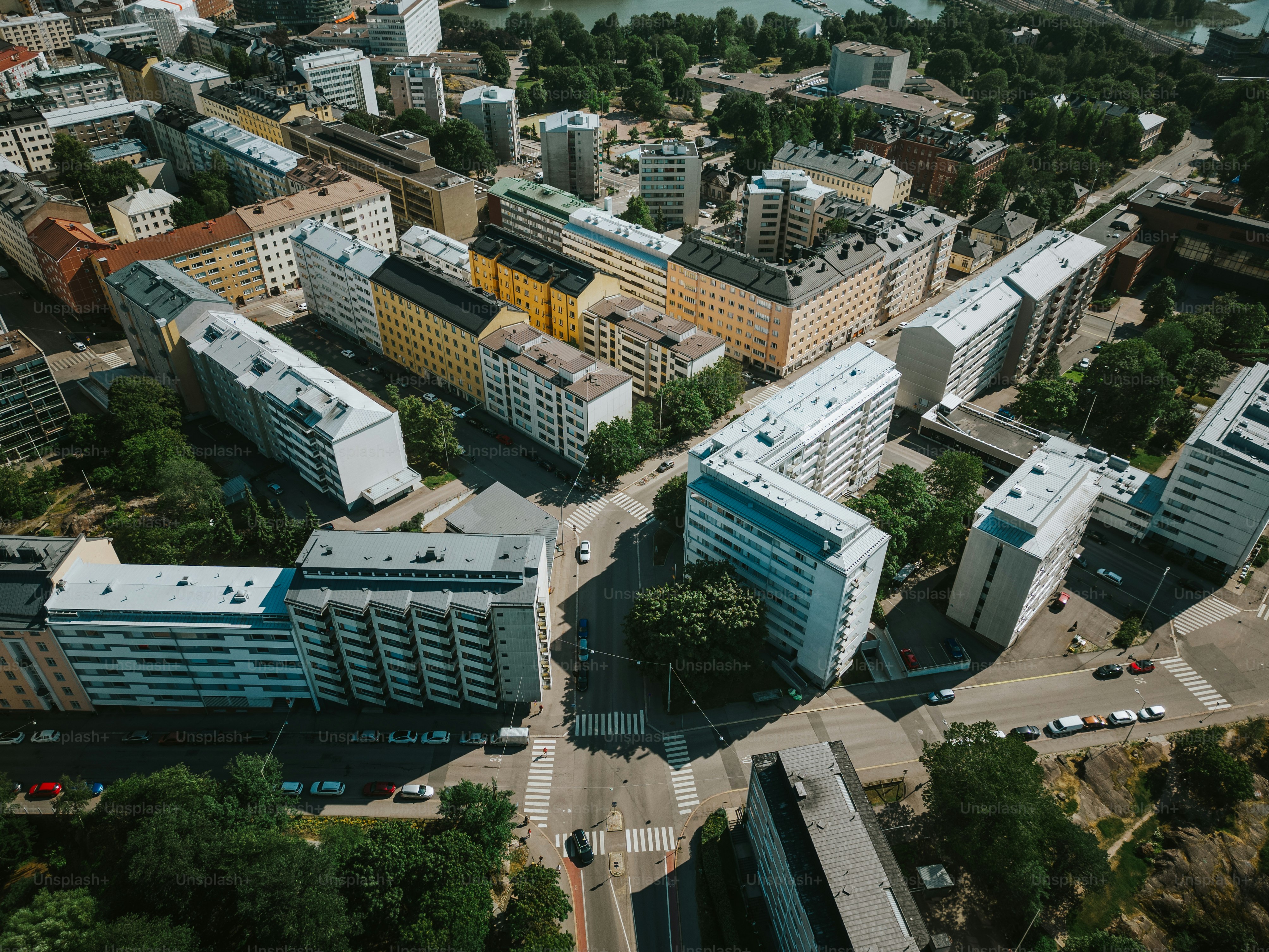 Series of various drone shots in different time around Helsinki shot in summer