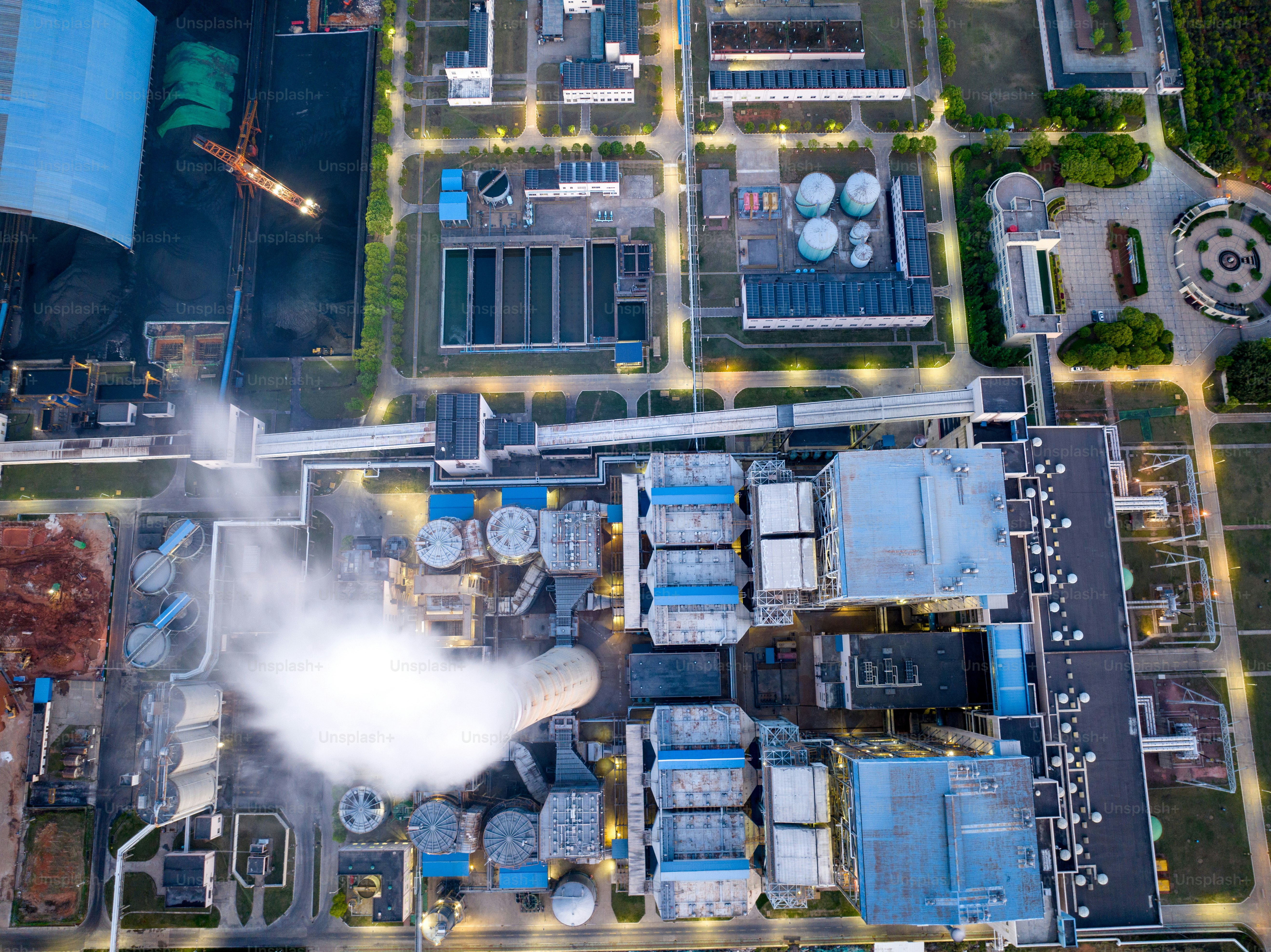 Thermal power plant night view. Aerial View