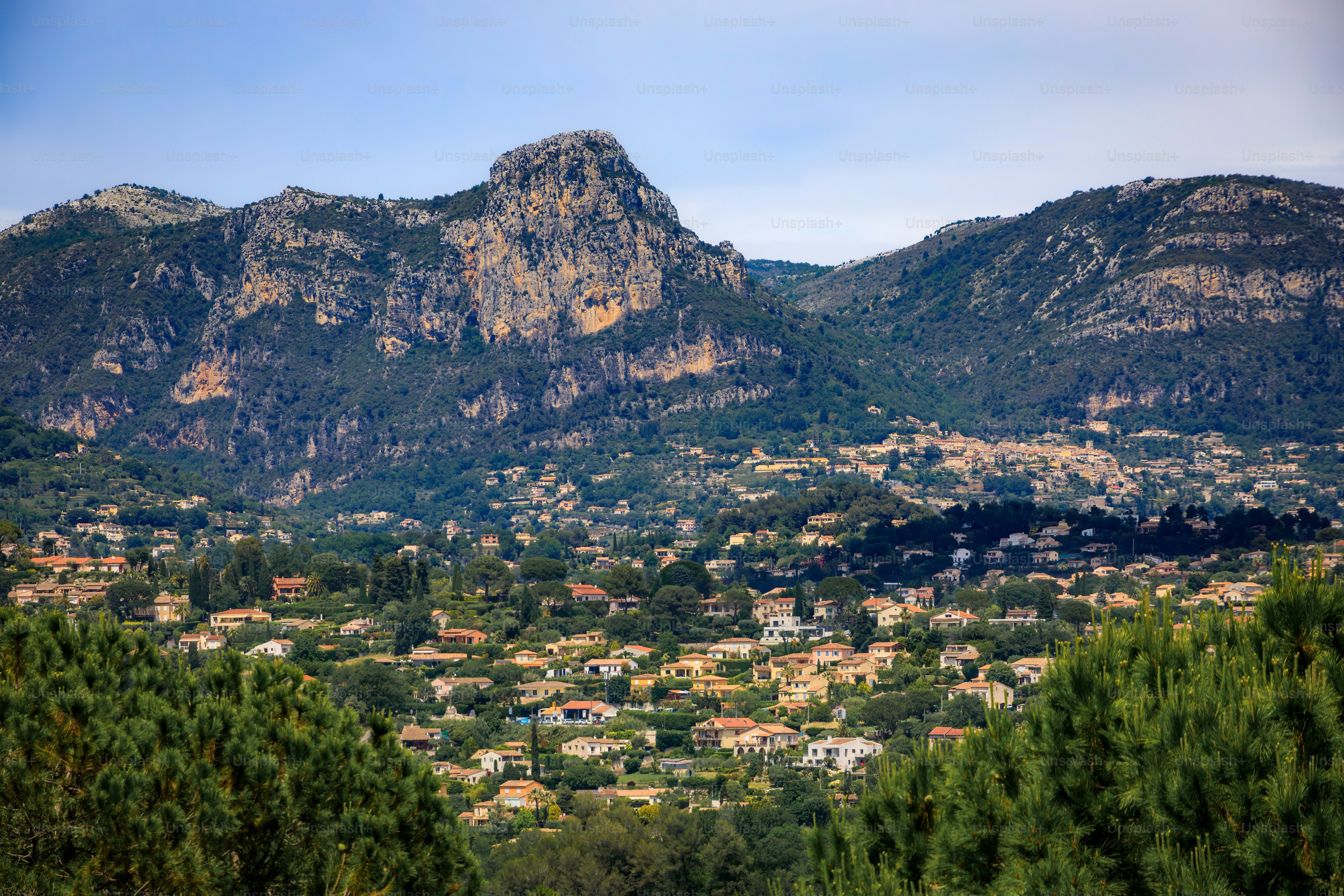 Traditional old stone houses in the Alpes mountains surrounding the medieval town of Saint Paul de Vence, French Riviera, South of France
