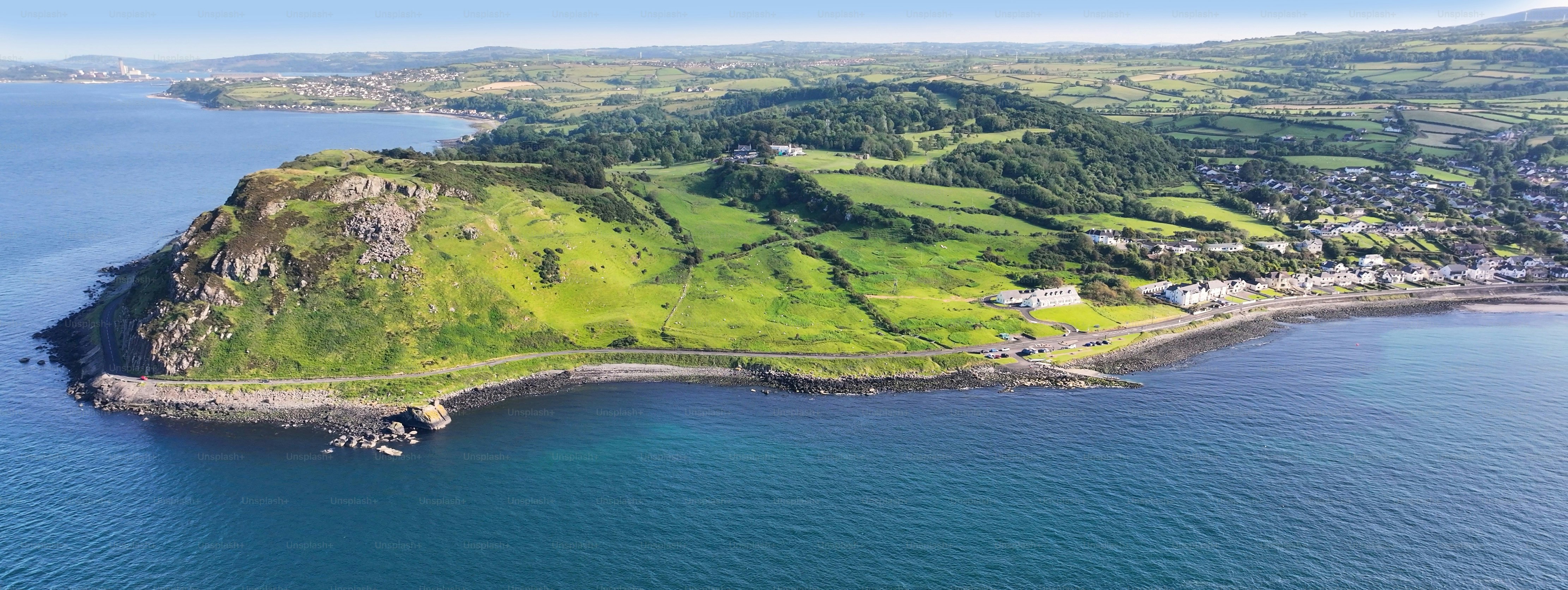 Aerial view of Ballygally Head on the Irish Sea County Antrim Northern Ireland