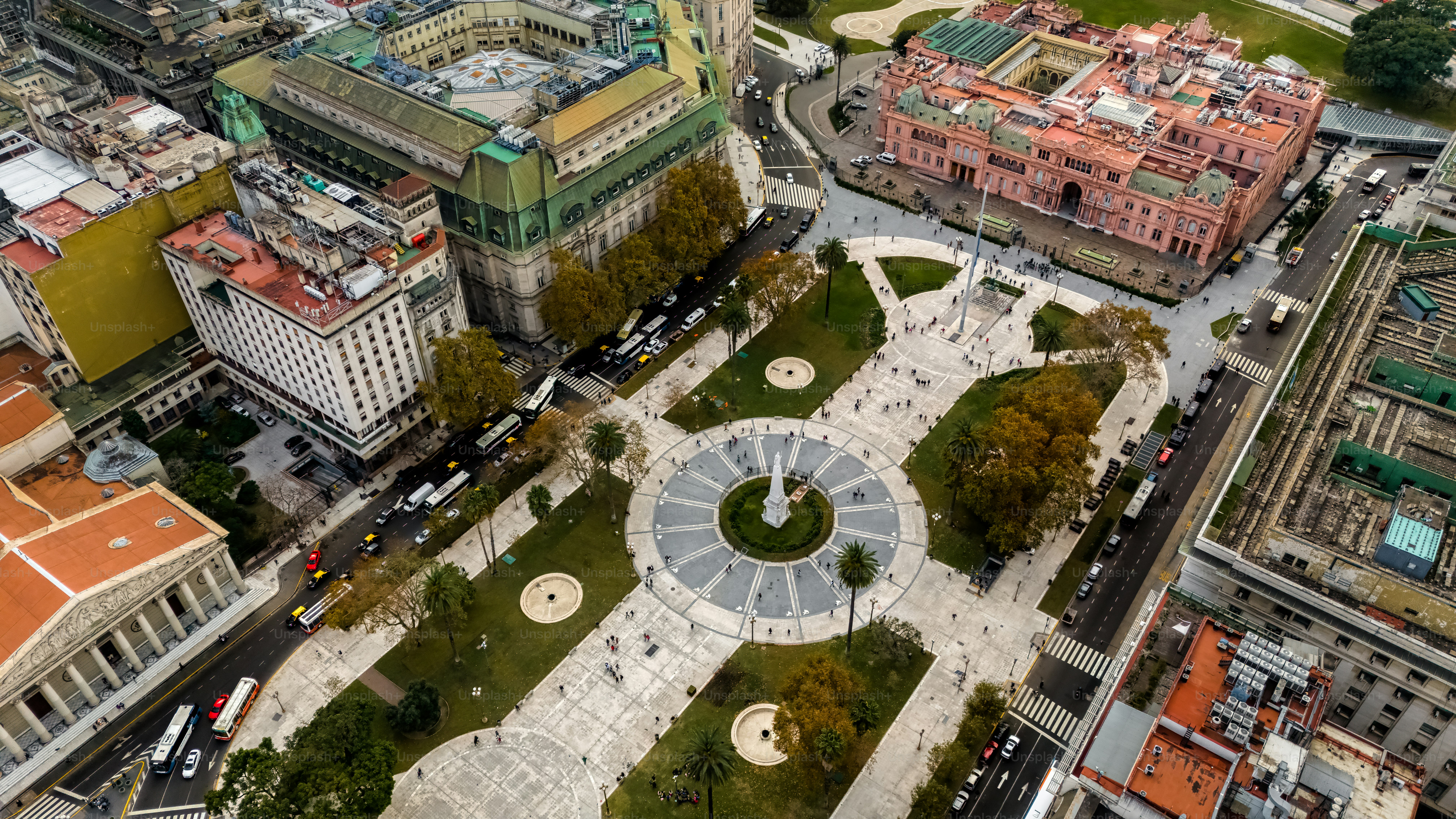 Aerial view of the Plaza de Mayo with the Casa Rosada in the background in Buenos Aires, Argentina