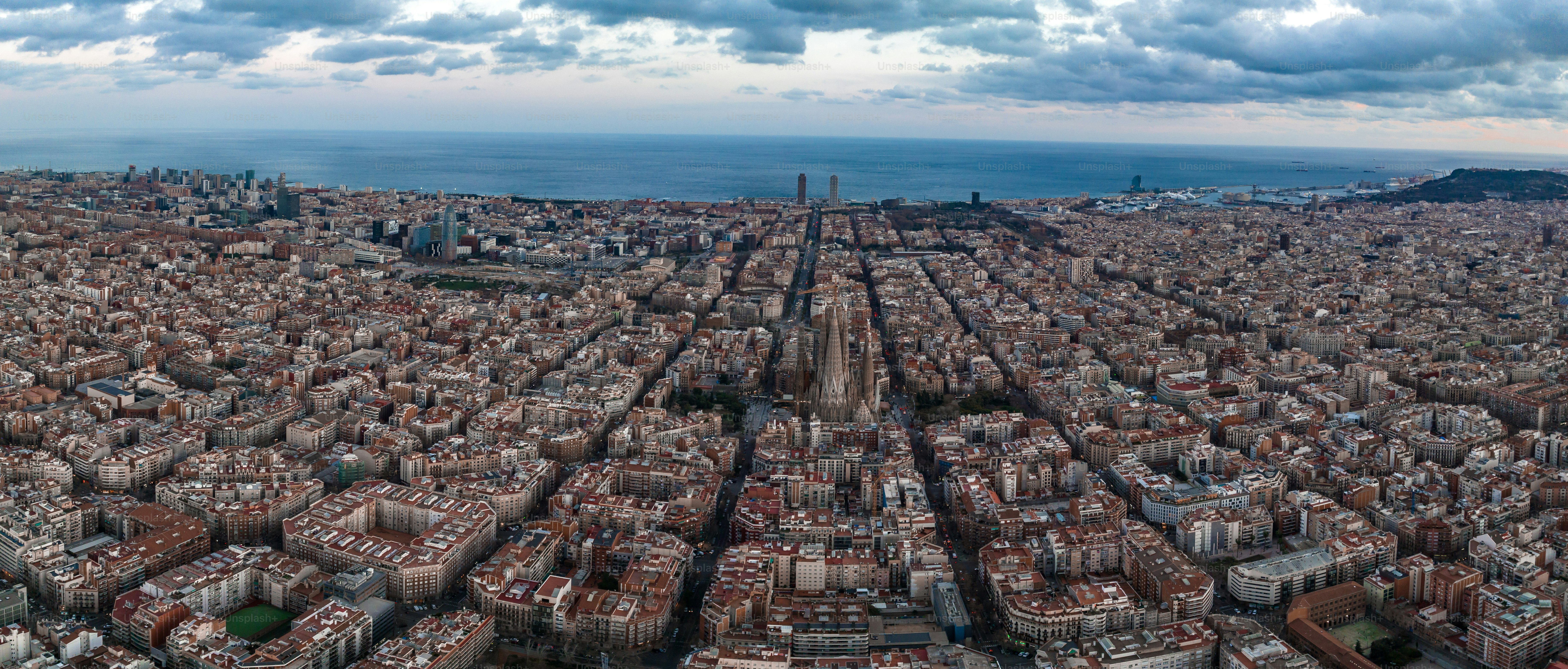 Barcelona street aerial view with beautiful patterns in Spain. Barcelona skyline aerial view with buildings in Spain.