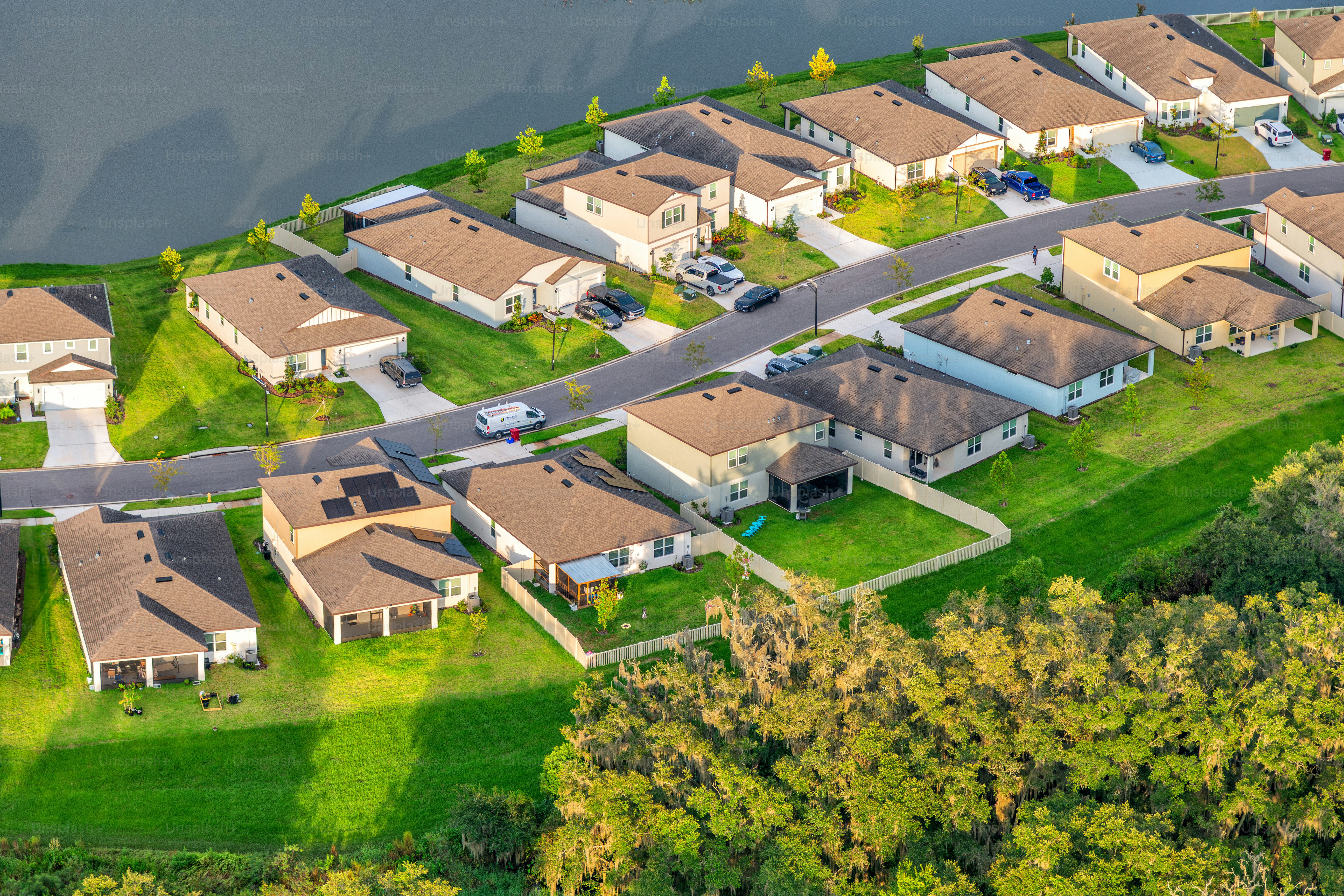 Aerial view of a suburban Tampa subdivision located in Lakeland just east of downtown shot via helicopter from an altitude of about 900 feet.