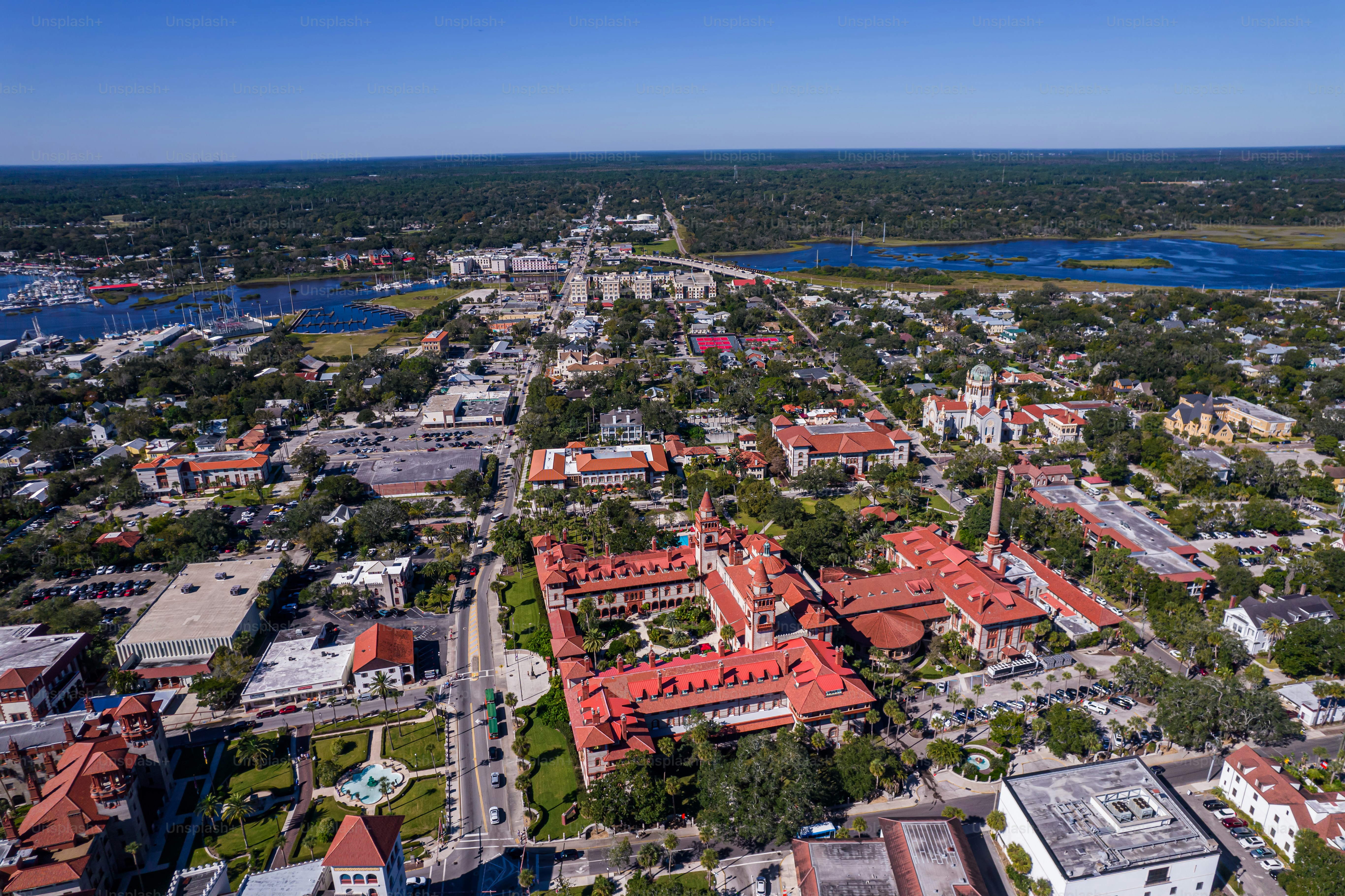 Beautiful aerial view of the St Augustine, the oldest town in USA. the castle of San Marcos National Monument, Flagler College and the Matanzas Bay