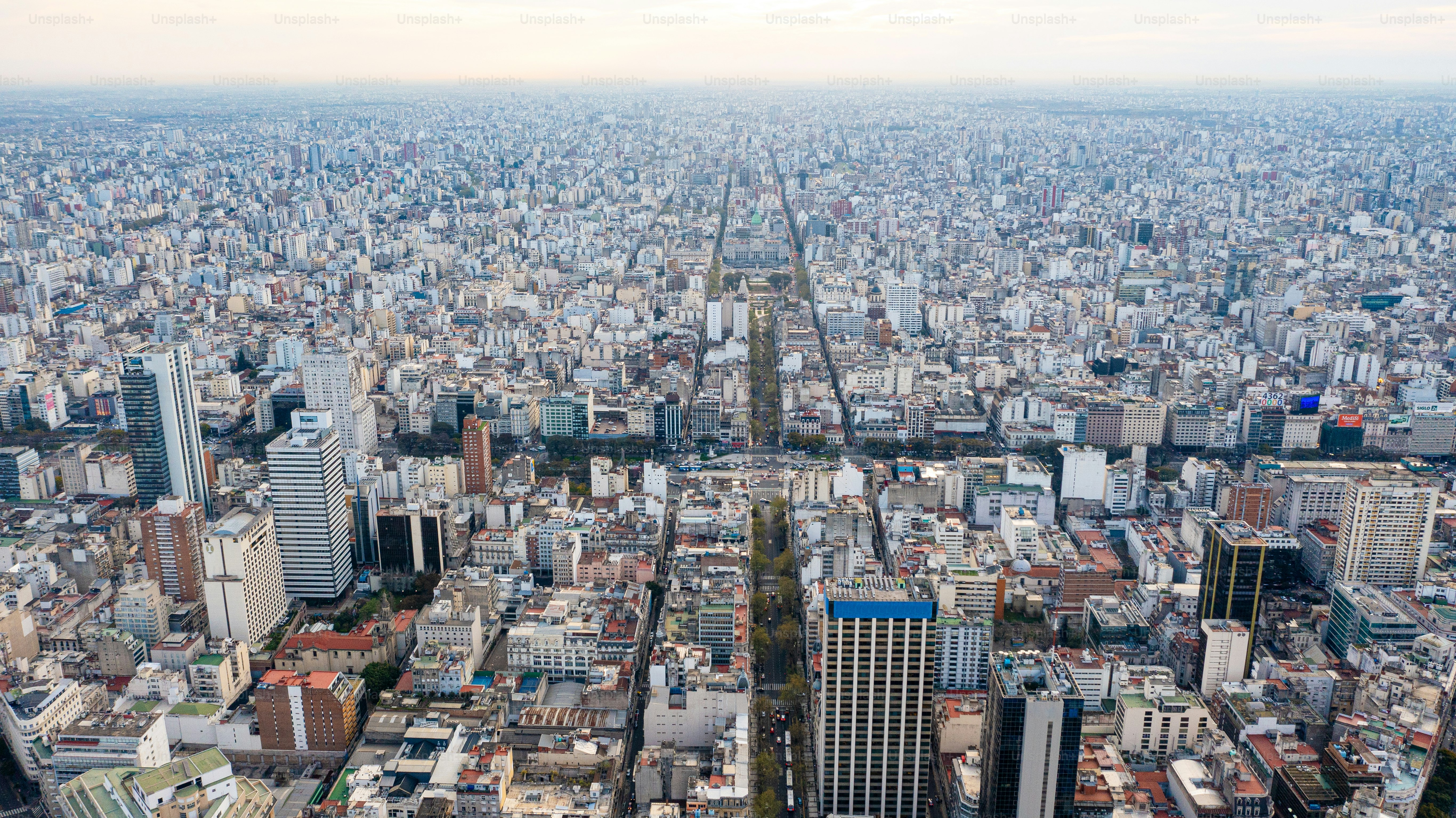 Aerial view of 9 de Julio Avenu and Obelisco in Buenos Aires, Argentina