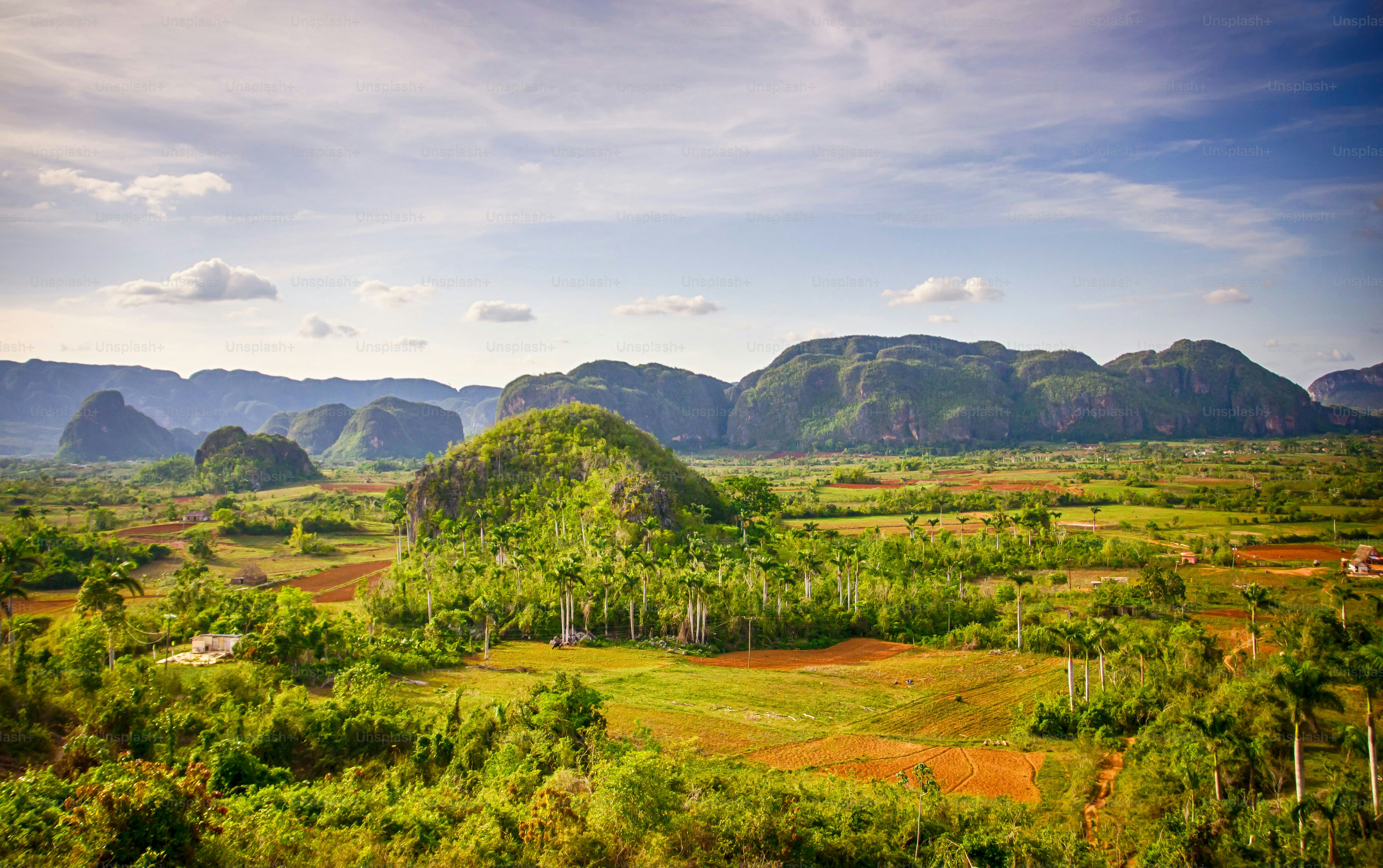 Panoramic view over landscape with Cigar farm in Vinales Valley, Cuba