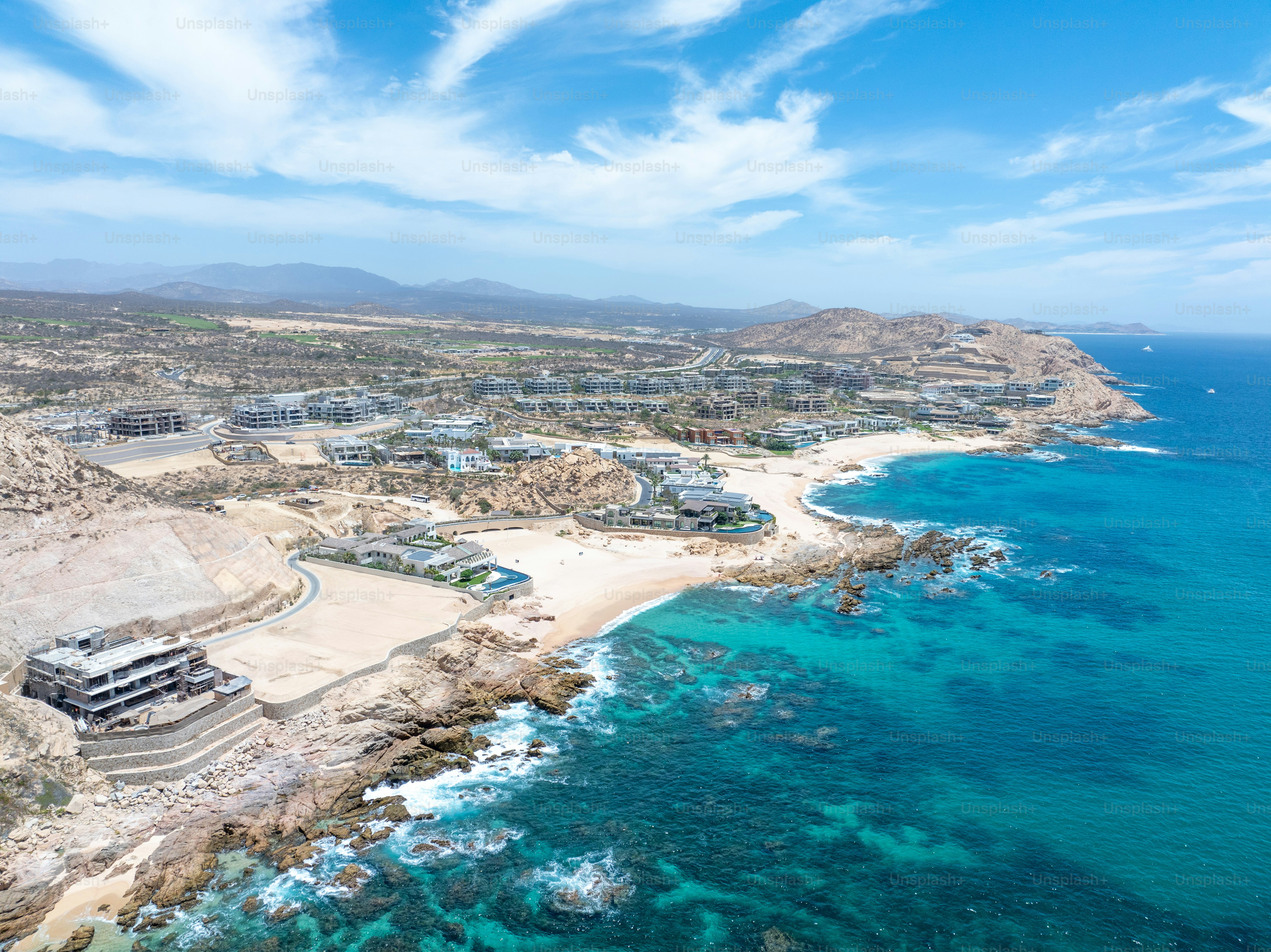 Aerial view of tropical beach with resorts in Cabo San Jose, Baja California Sur, Mexico