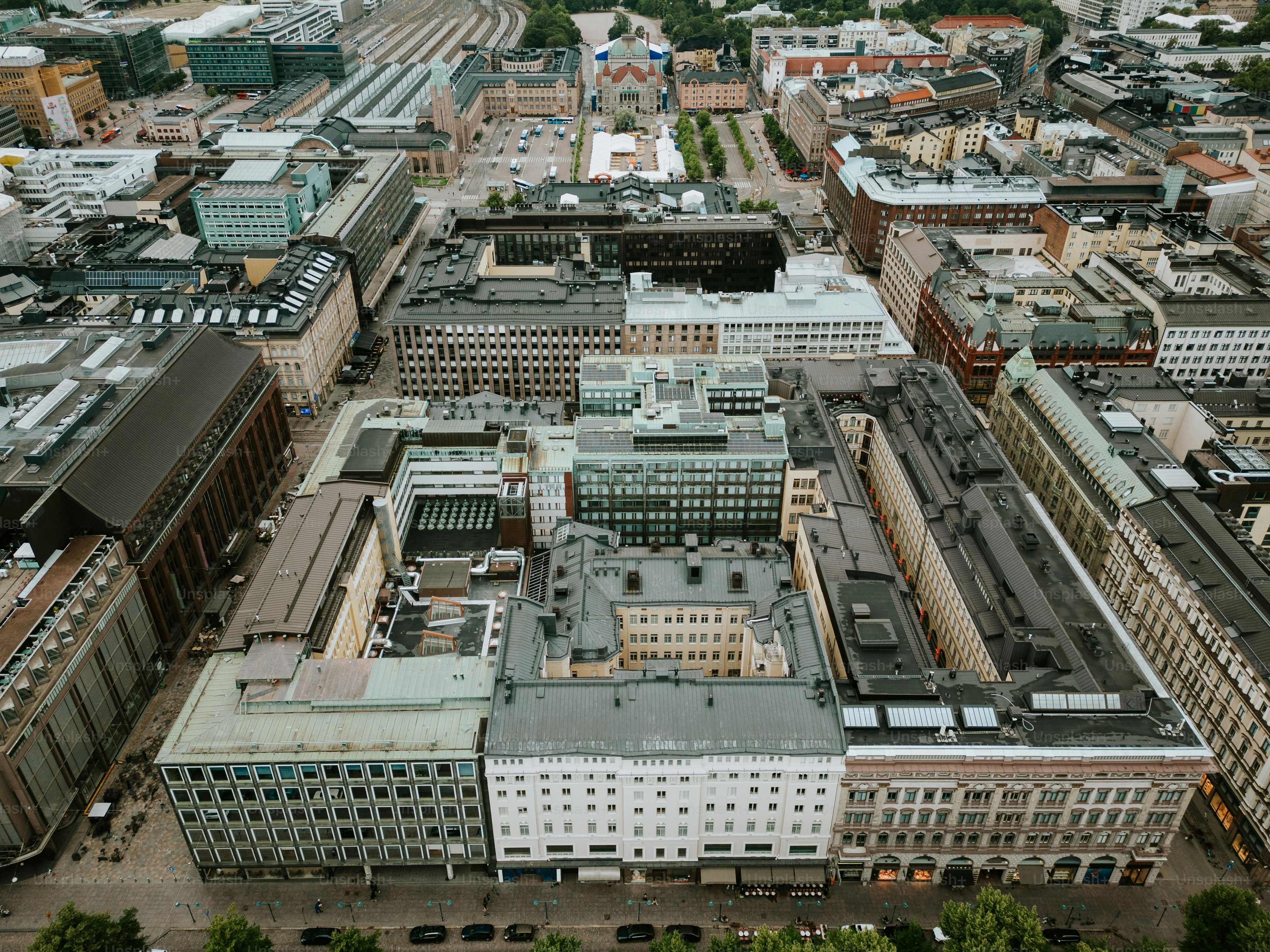 Series of various drone shots in different time around Helsinki shot in summer