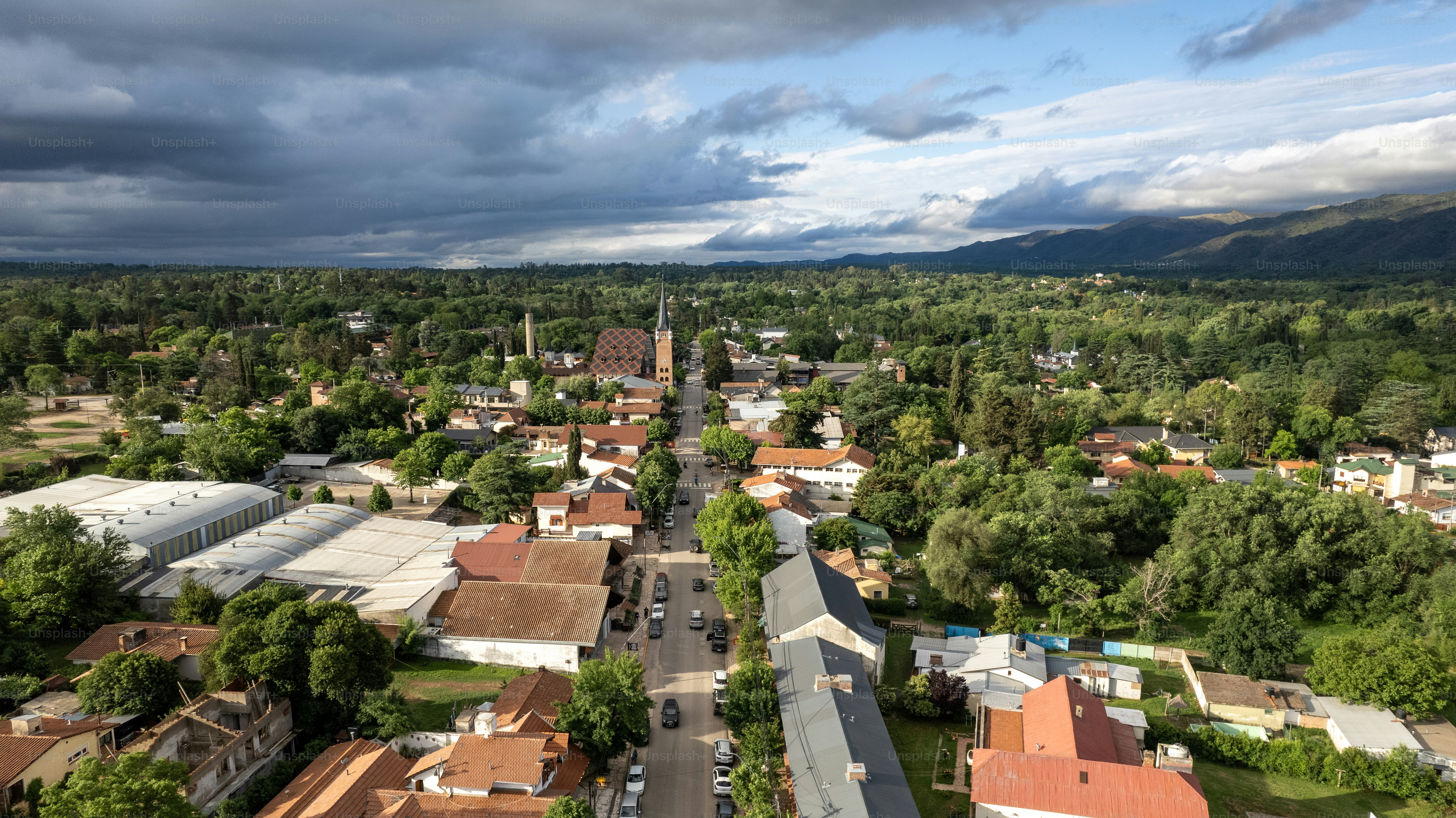 Aerial view of Villa General Belgrano, Cordoba, Argentina. Tourist city in the mountains of Cordoba. Home of the Beer Fest. National beer festival. Central European architecture.