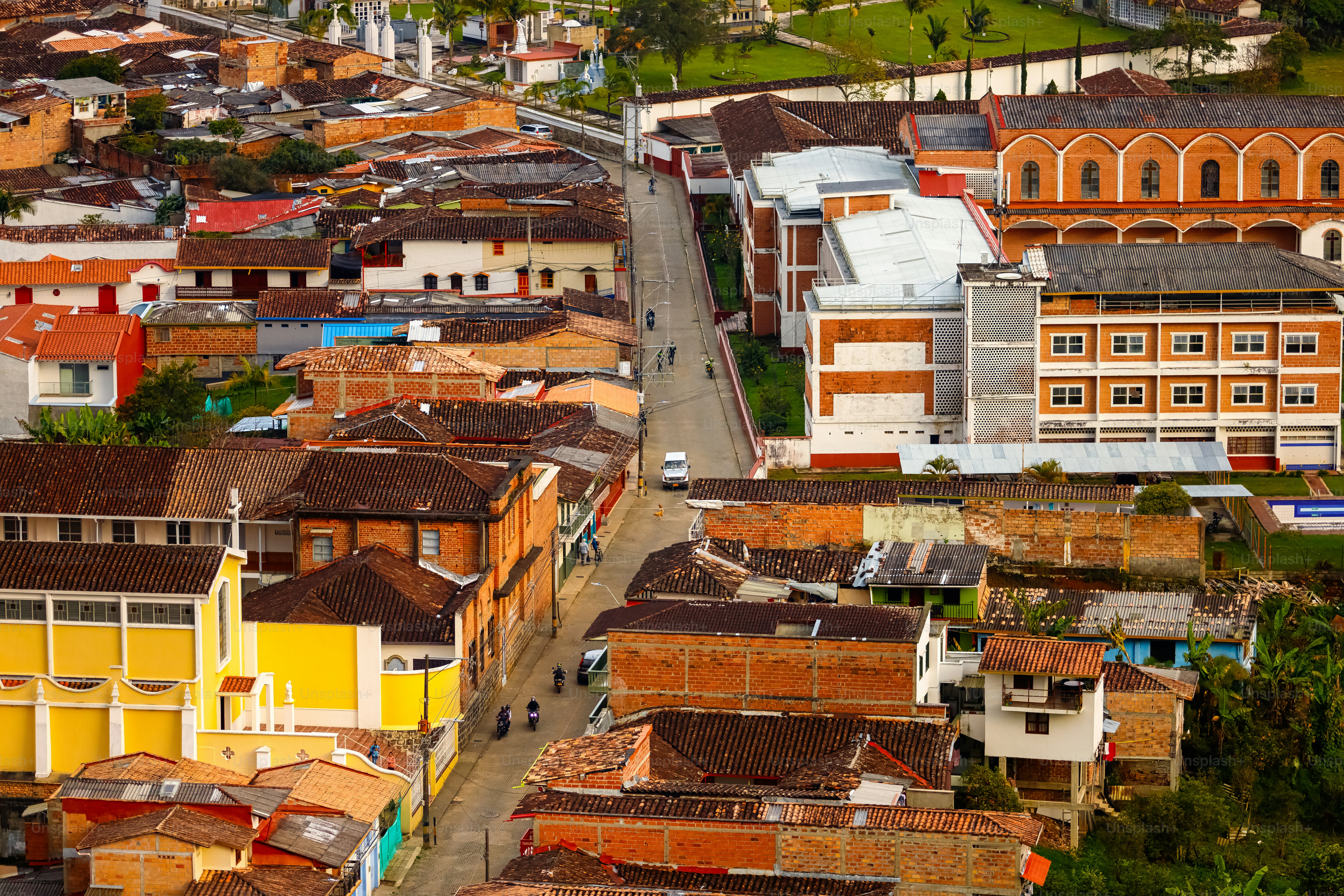 Aerial view of streets of Jerico, Colombia, during sunset