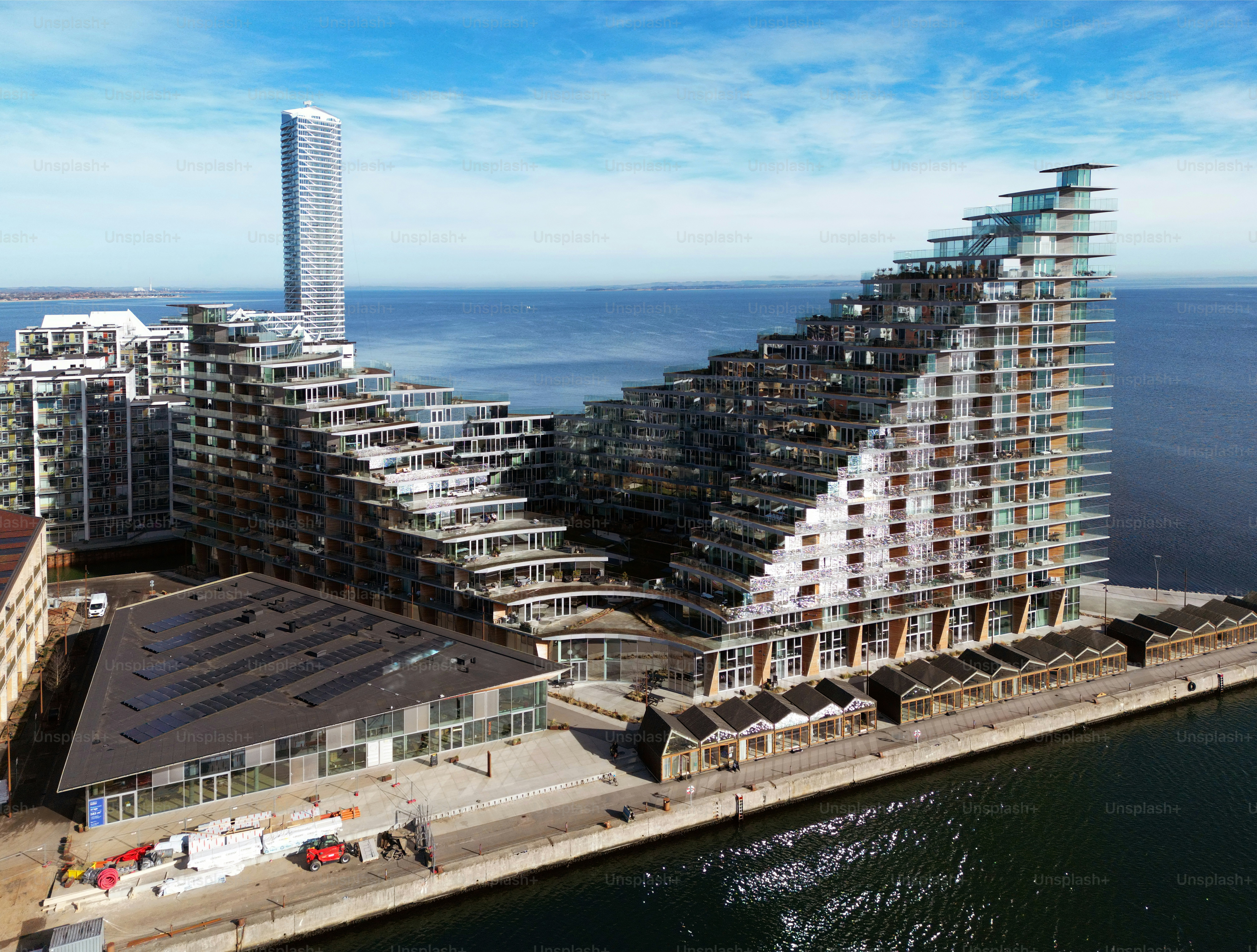 Aerial view of the skyline, waterfront and harbour area on a sunny day in Aarhus, Jylland - Denmark