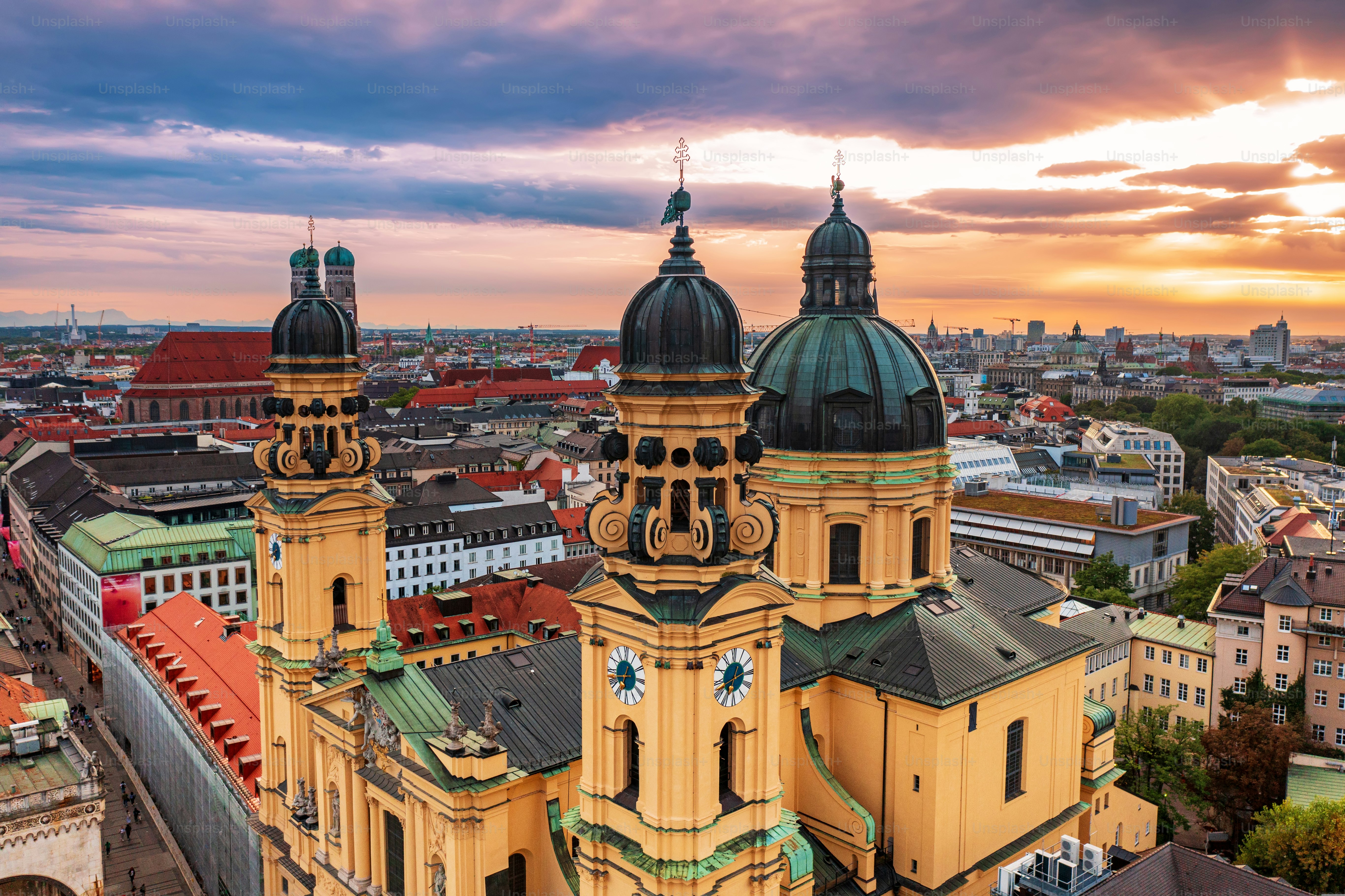 Aerial view of Munich over Theatine Church of St. Cajetan (Theatinerkirche St. Kajetan), Munich, Bavaria, Germany in day time