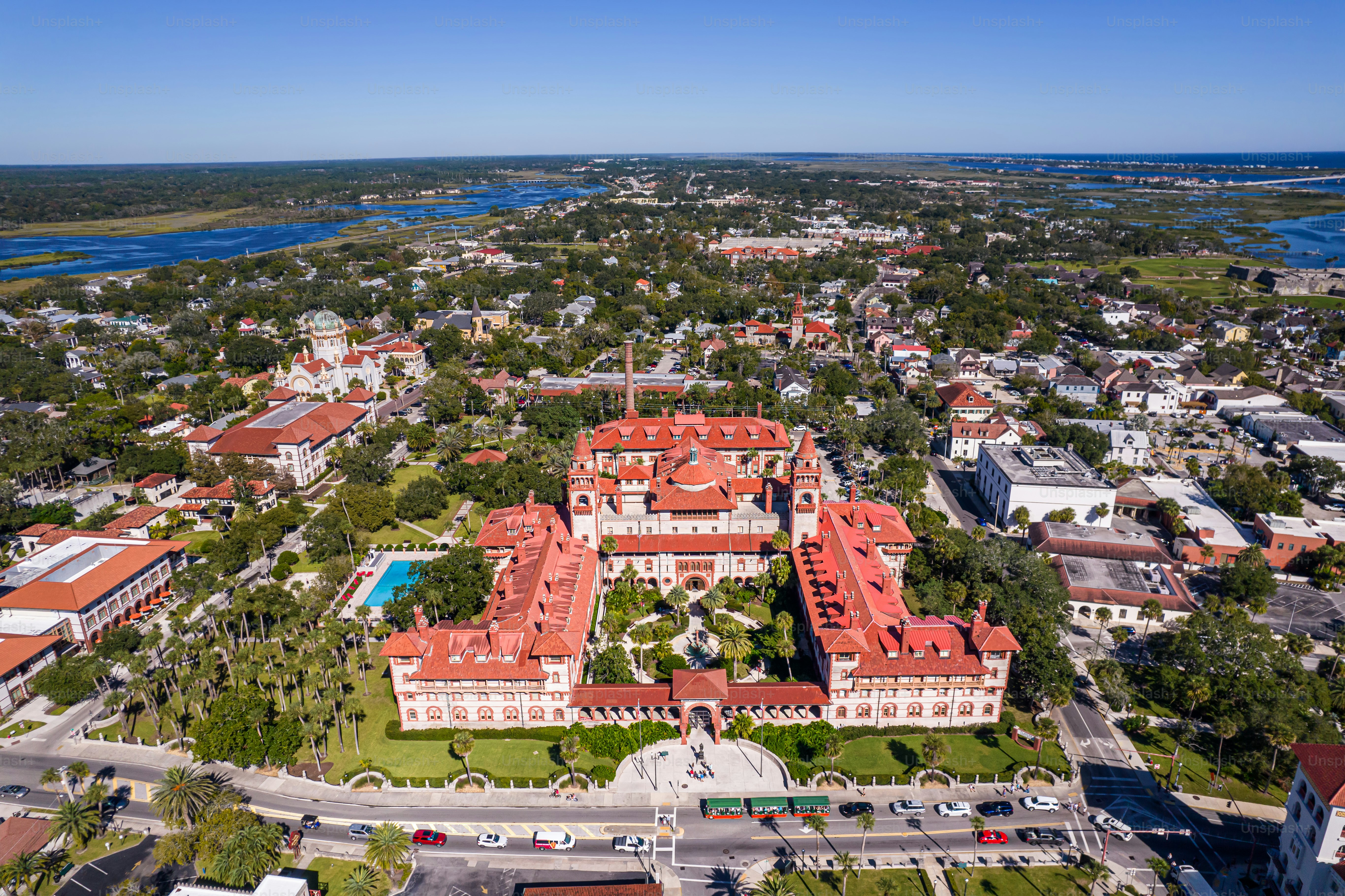 Beautiful aerial view of the St Augustine, the oldest town in USA. the castle of San Marcos National Monument, Flagler College and the Matanzas Bay