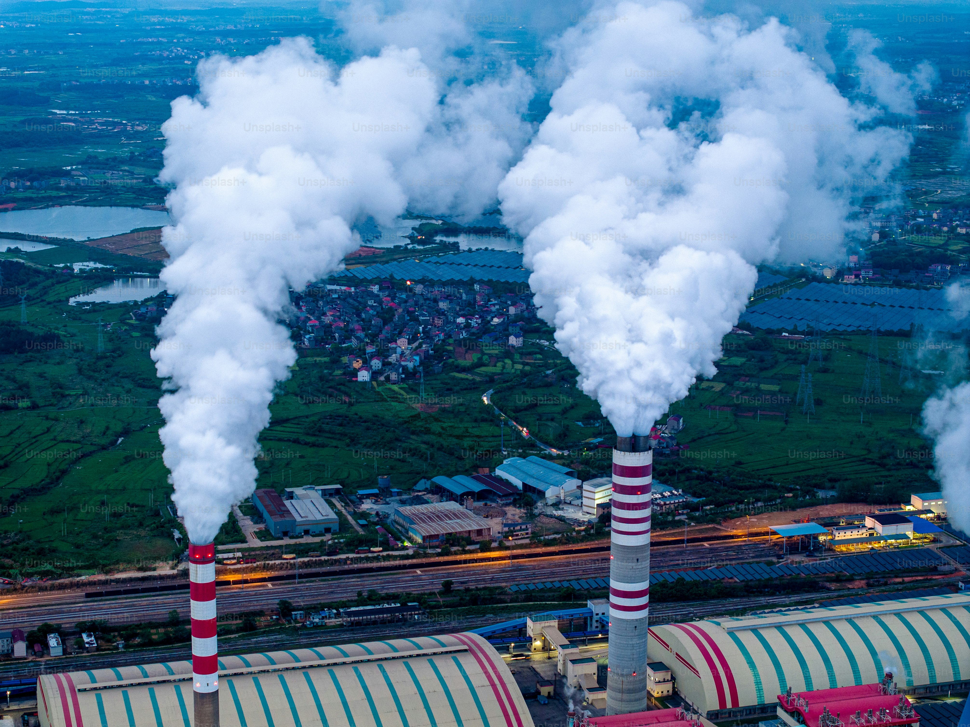 Aerial photography of large thermal power plant at night