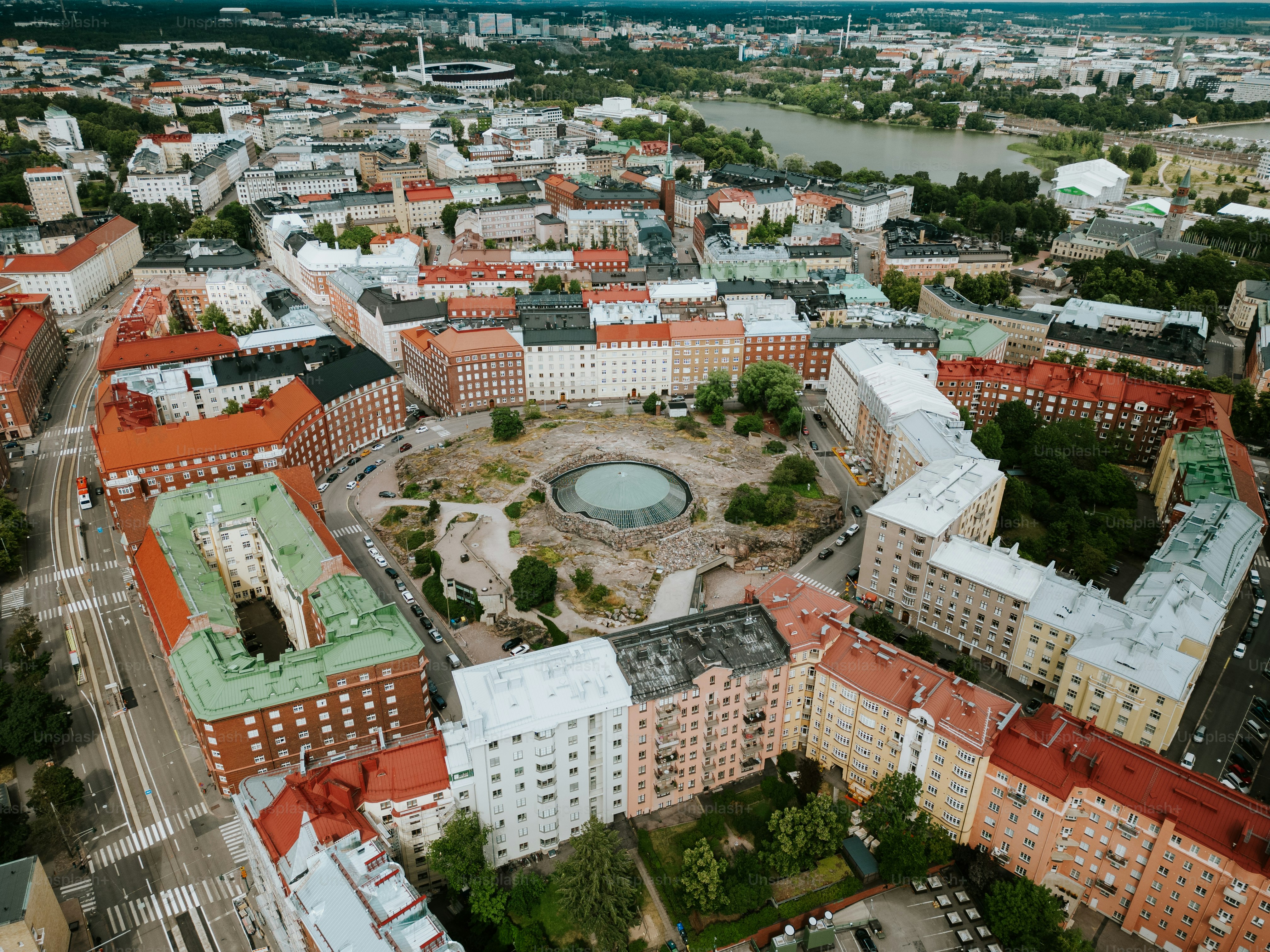 Series of various drone shots in different time around Helsinki shot in summer
