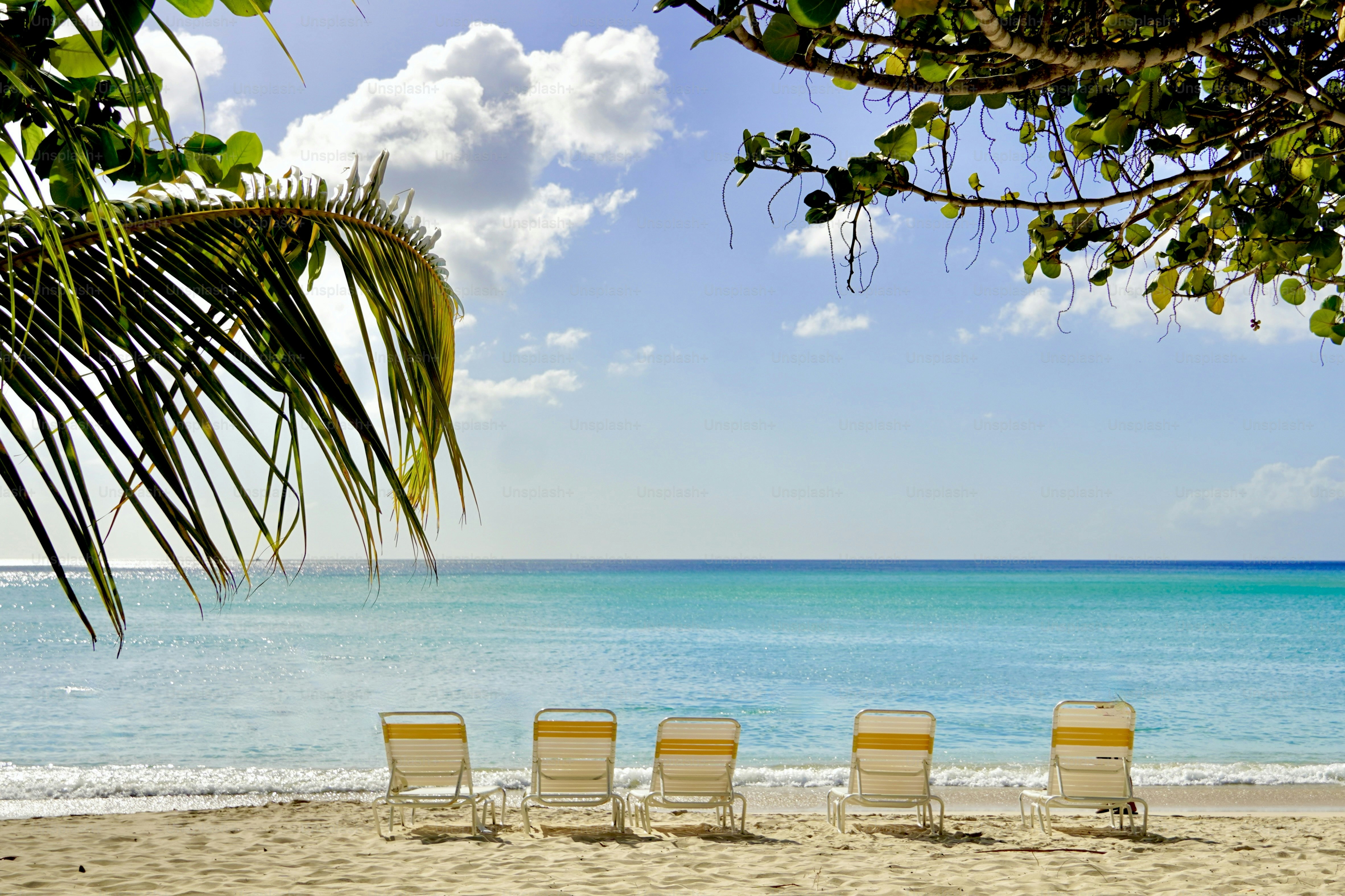 Chairs on a tropical beach with clear turquoise water