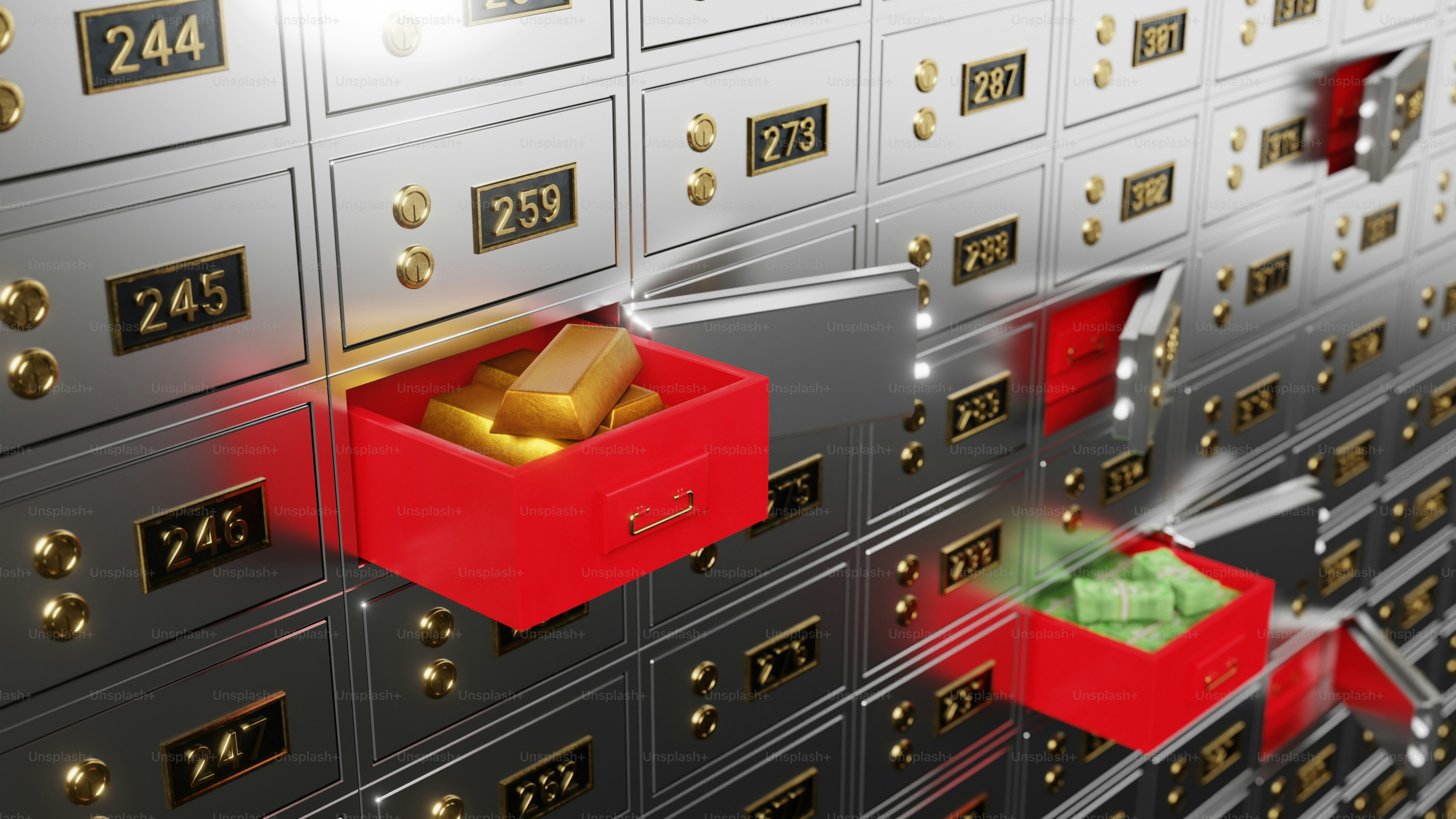 金庫が開くと、金の延べ棒とお金が現れます。