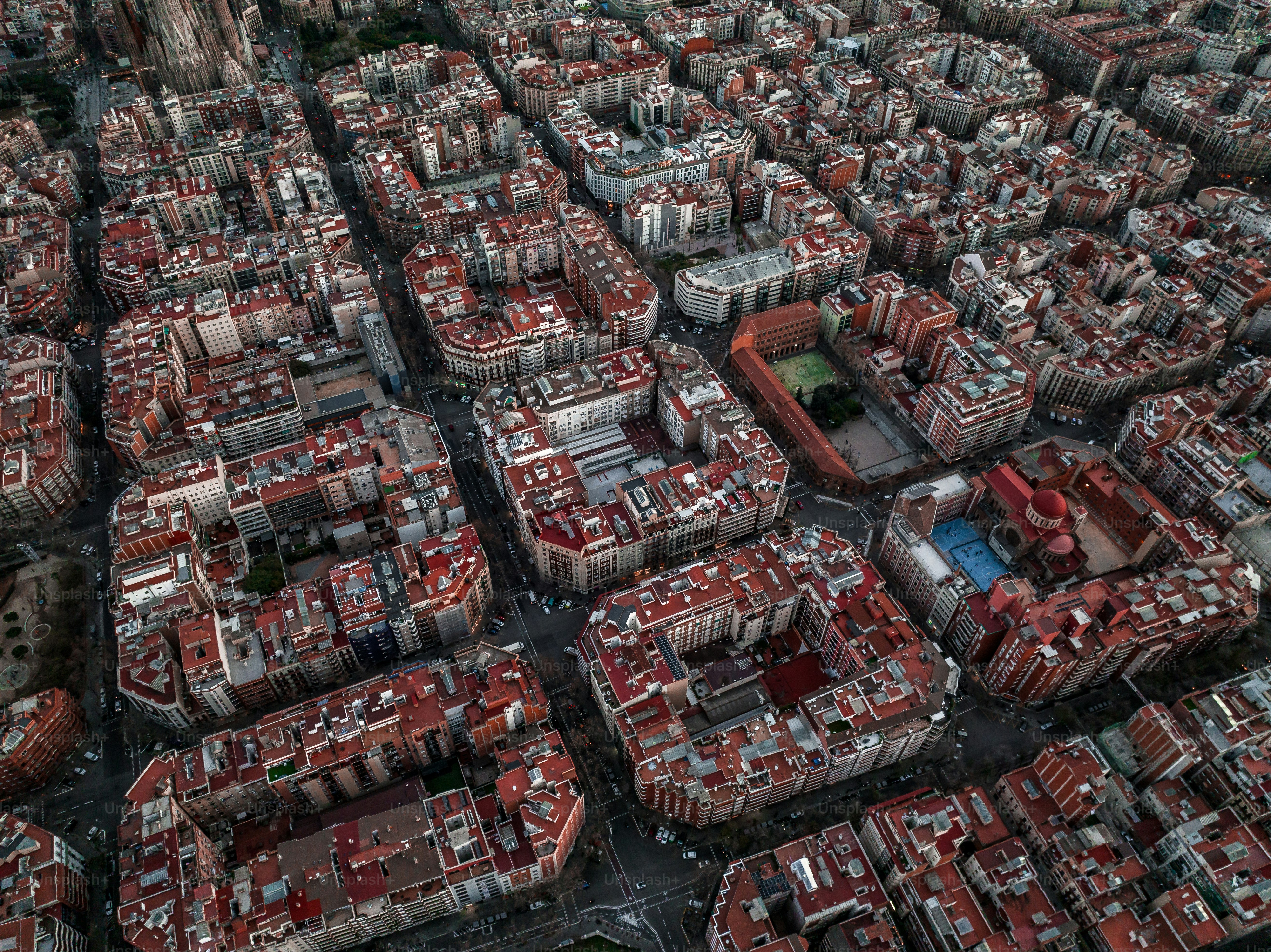 Barcelona street aerial view with beautiful patterns in Spain. Barcelona skyline aerial view with buildings in Spain.