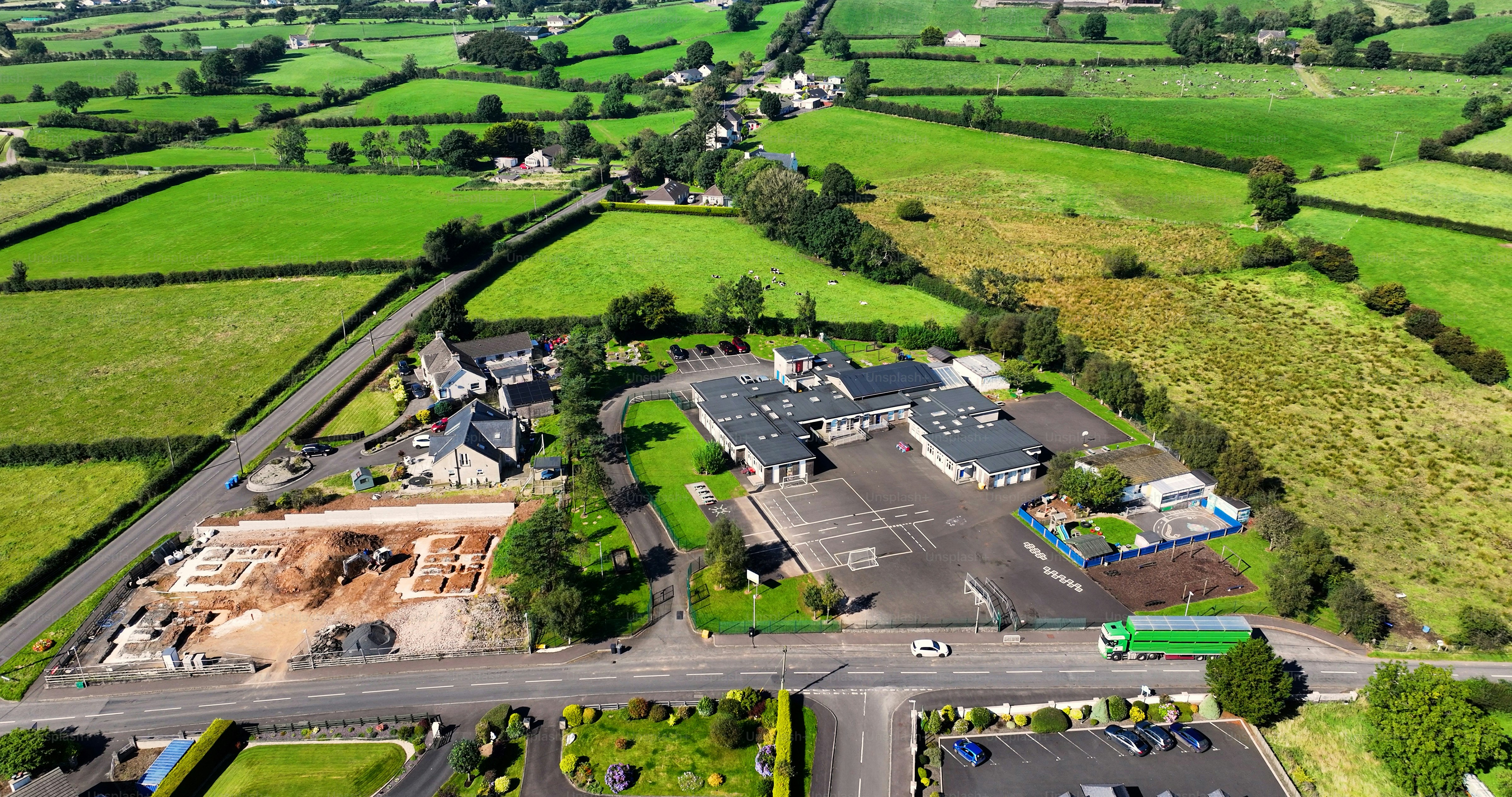 Aerial view of St Patrick's Primary School Loughguile in Co Antrim Northern Ireland