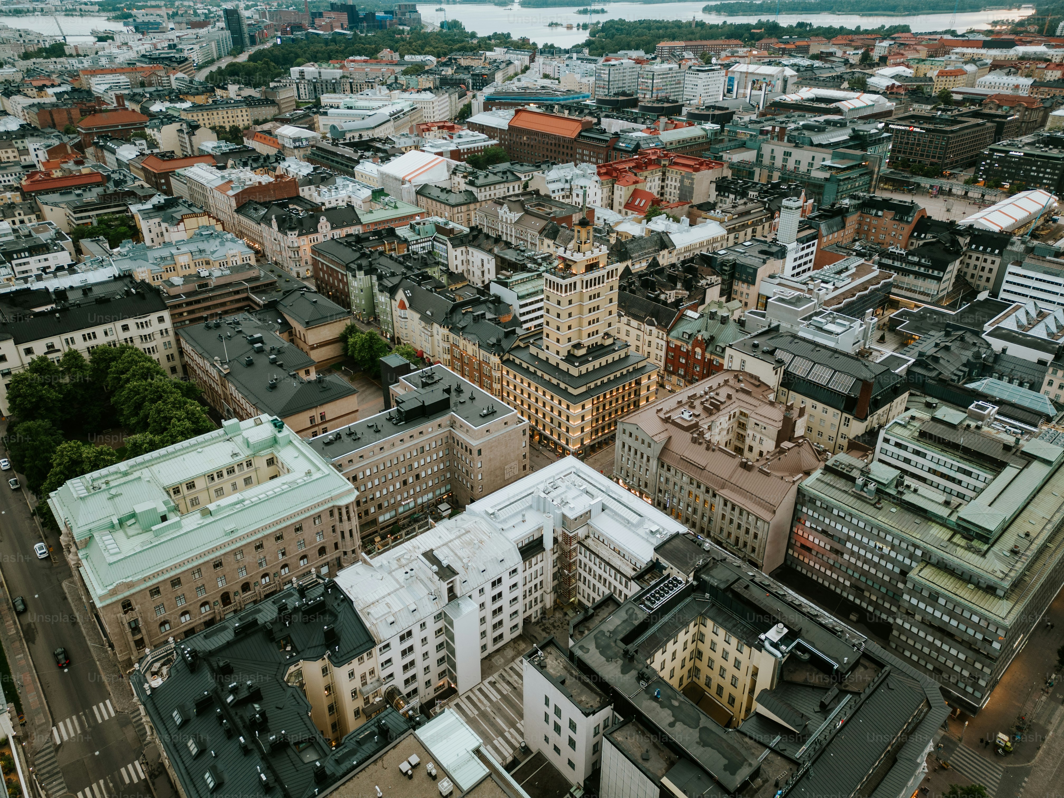 Series of various drone shots in different time around Helsinki shot in summer