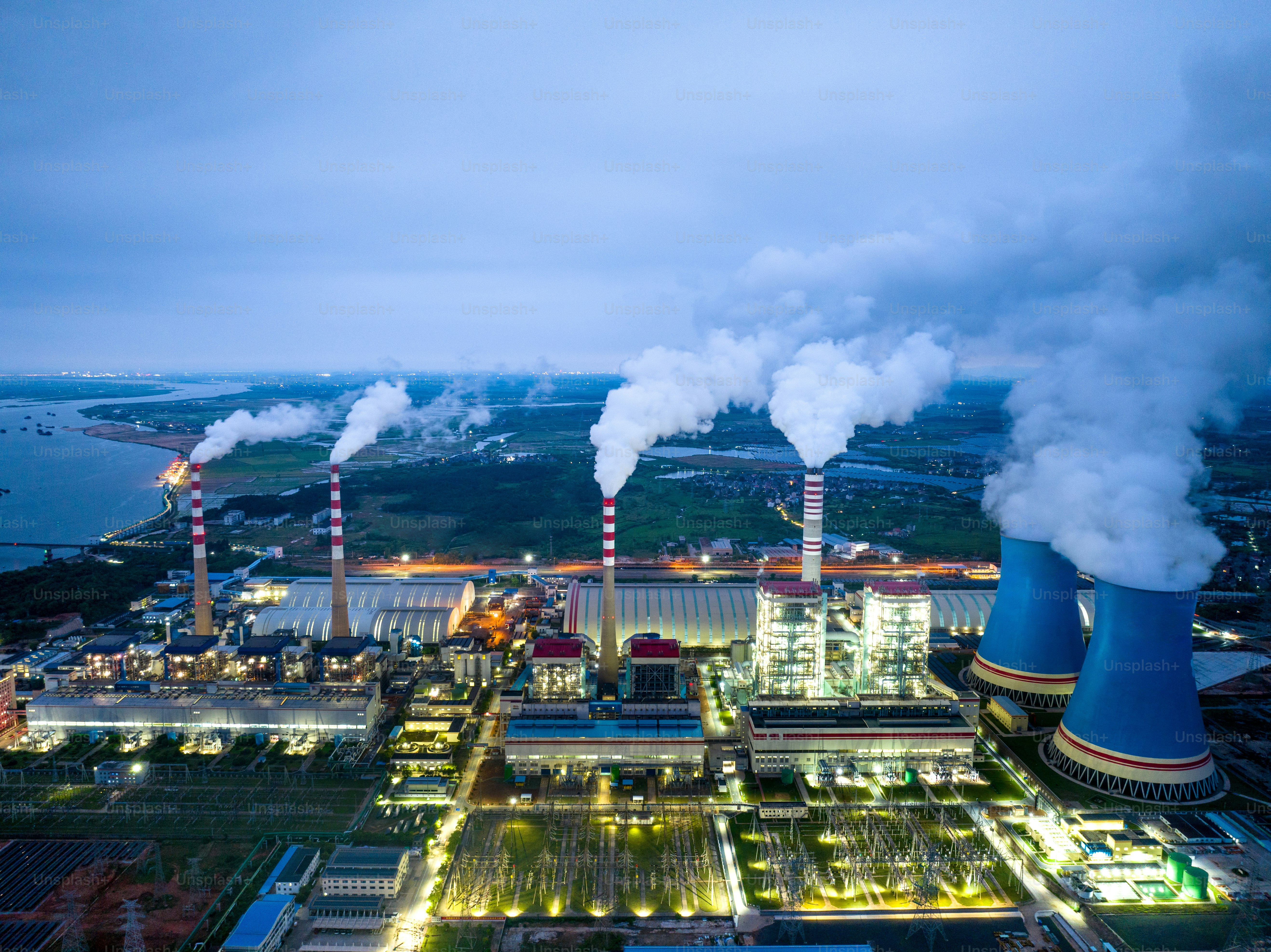 Aerial photography of large thermal power plant at night