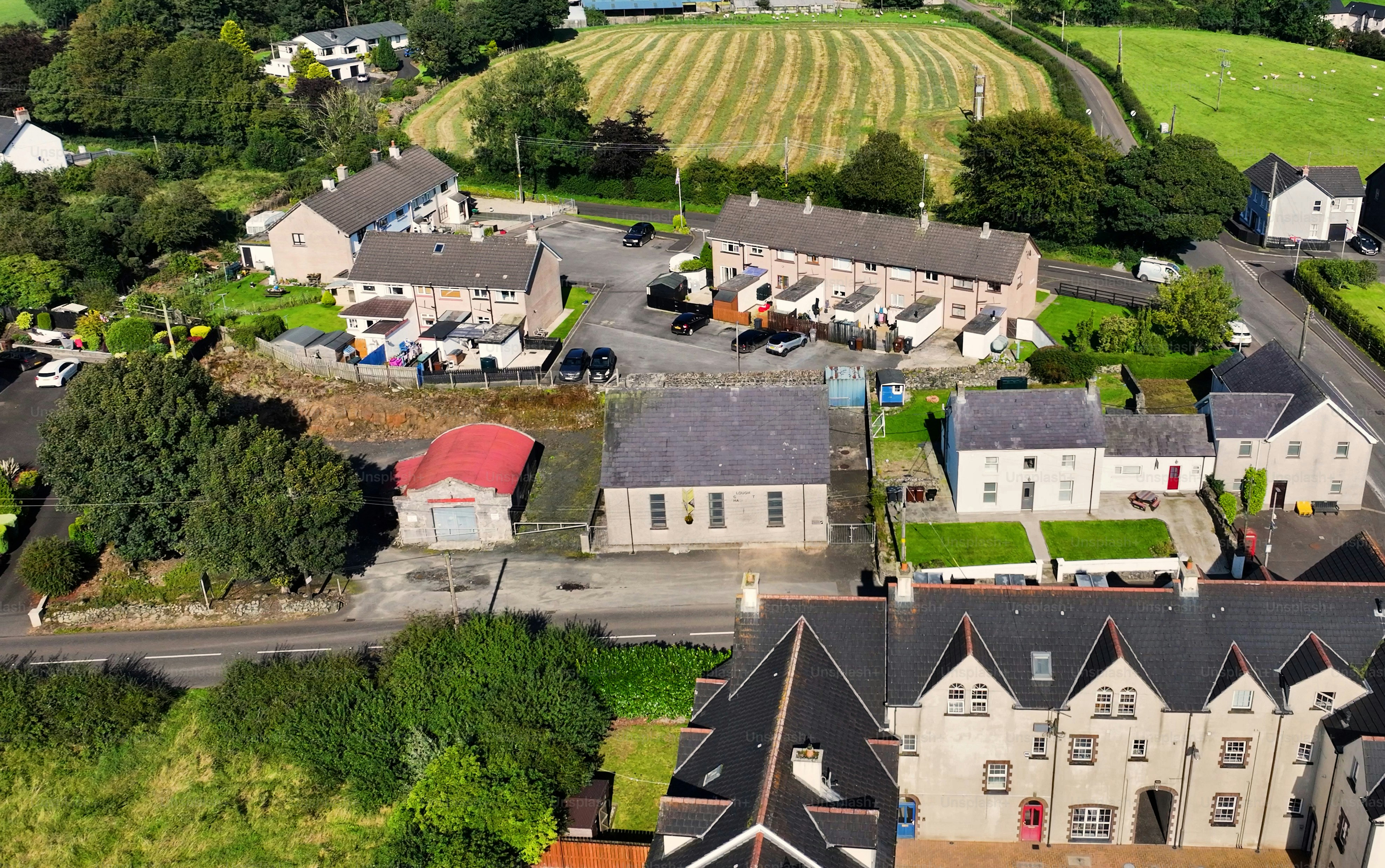 Aerial view of Clough Community Hall Clough village Co Antrim Northern Ireland