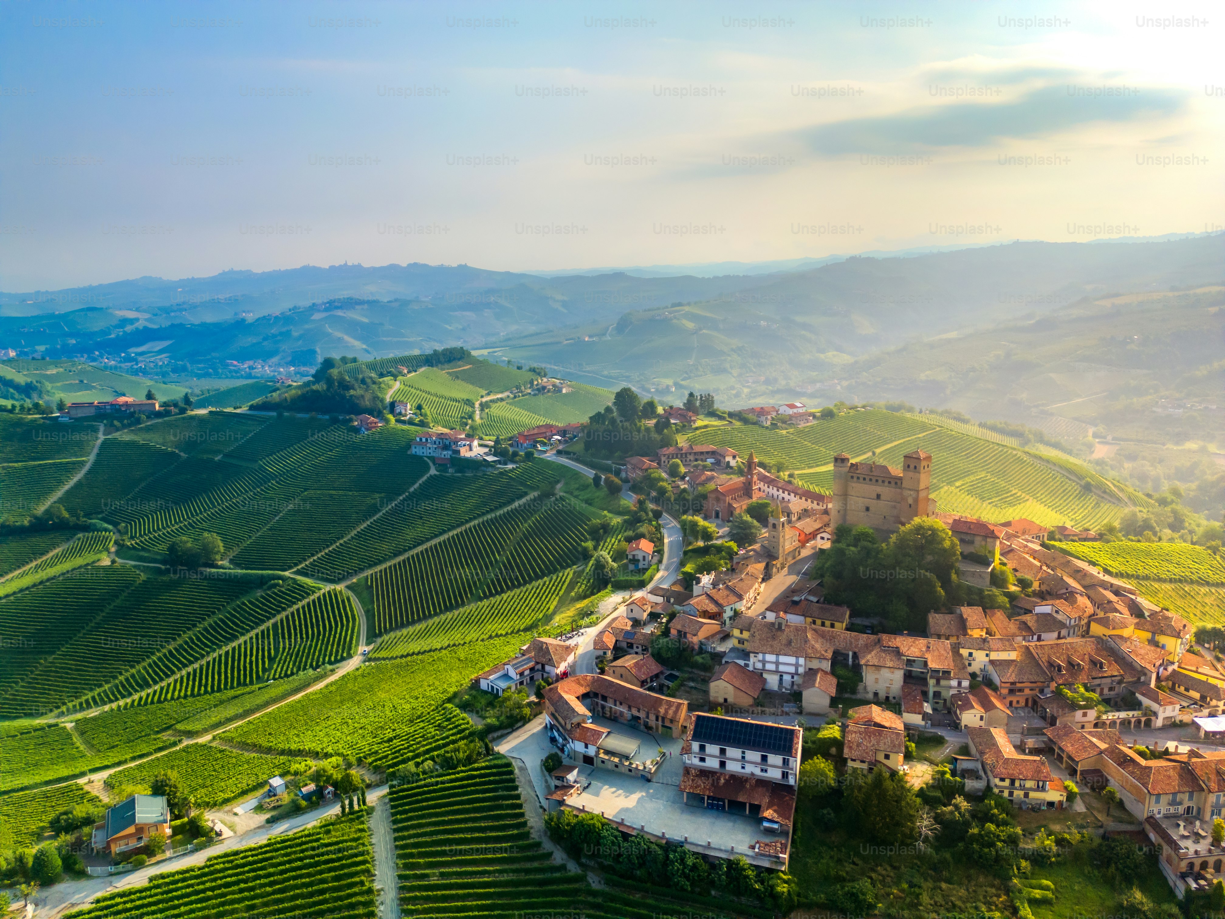 Serralunga d'Alba, vineyards from drone, Piedmont