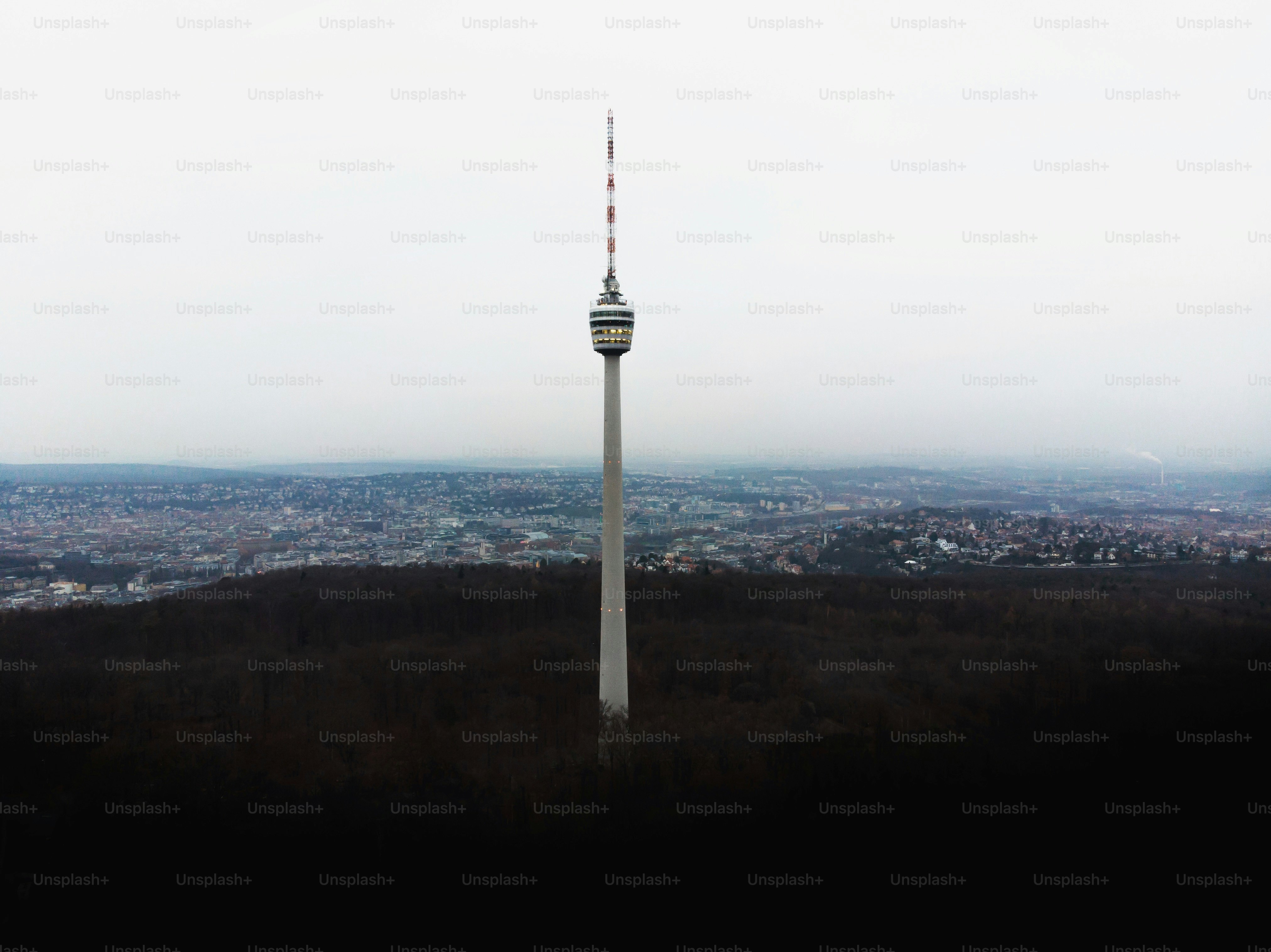 Aerial panorama view of communications TV tower overlooking city of Stuttgart from Hoher Bopser hill Degerloch Baden Wurttemberg Germany Europe