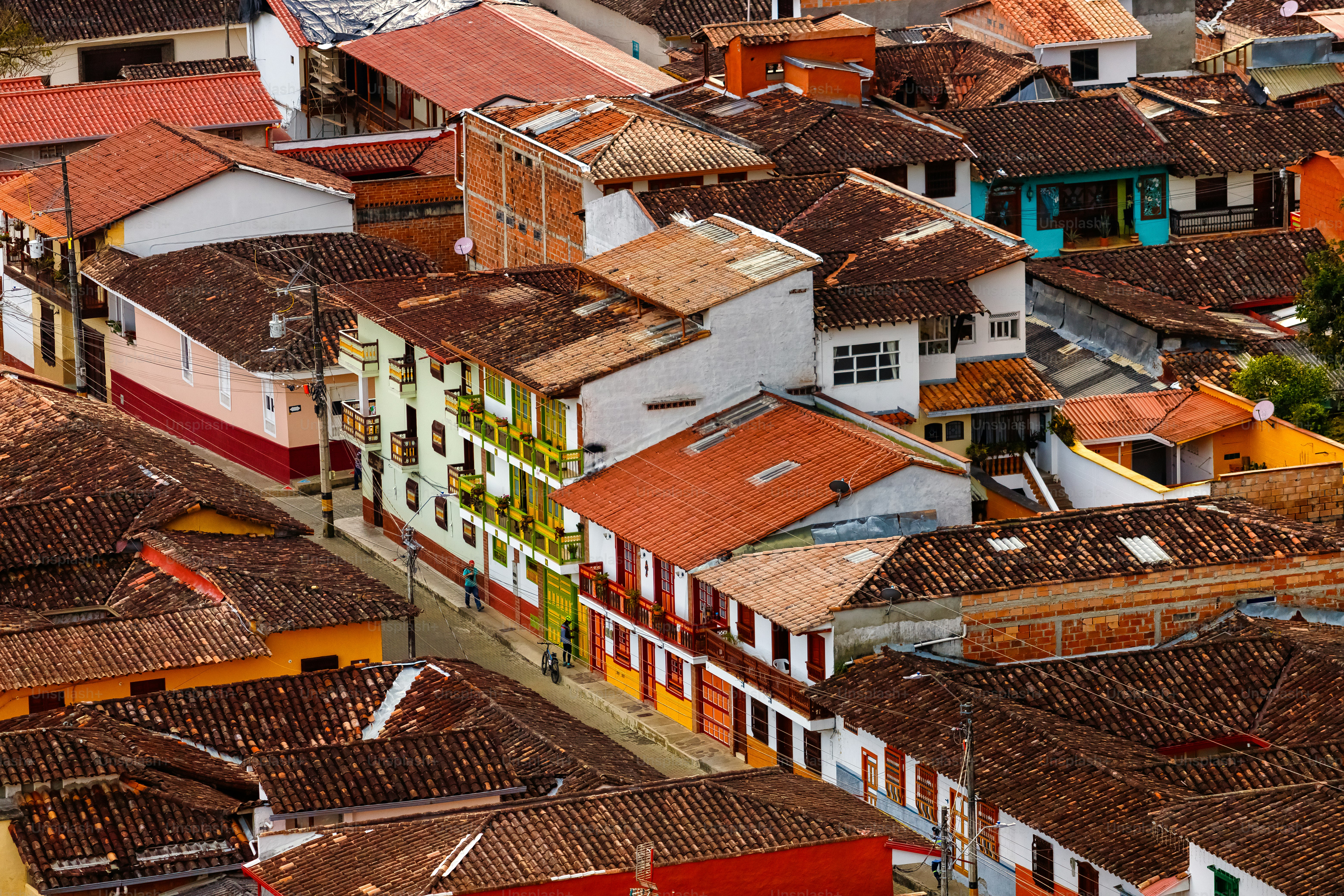 Aerial view of streets of Jerico, Colombia, during sunset