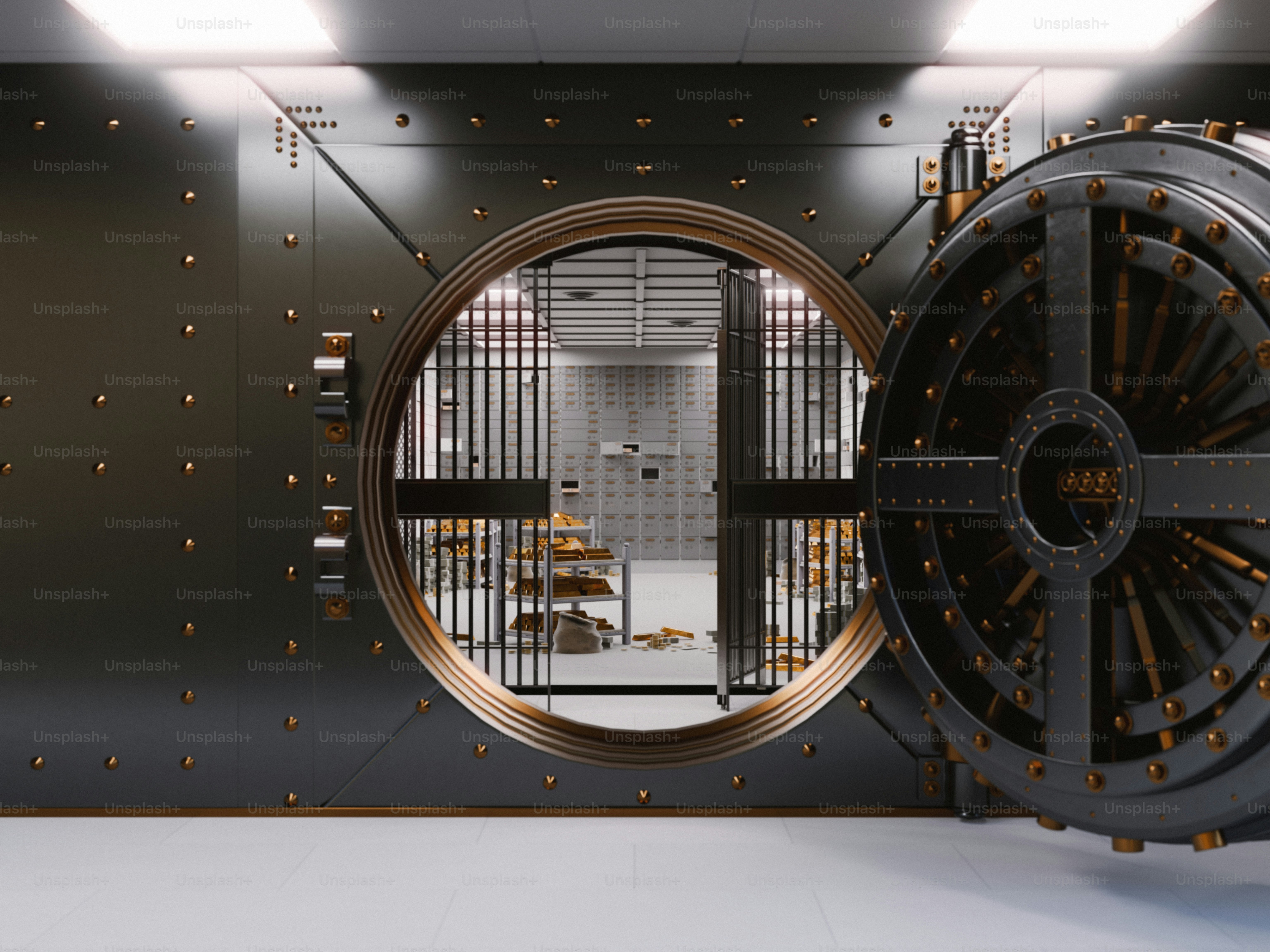 A bank vault with an open, round door.