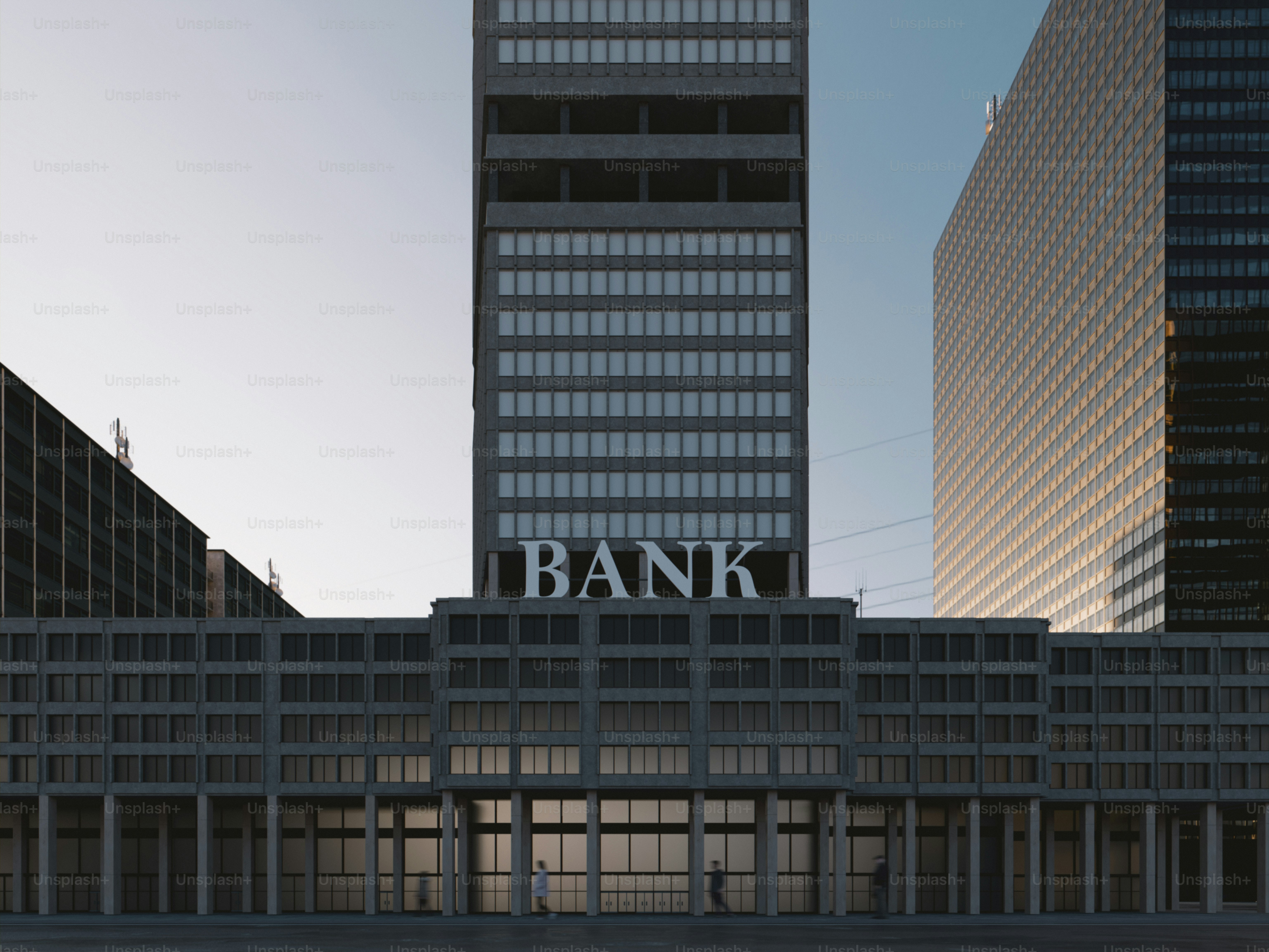 A tall building clearly displays the word "bank."