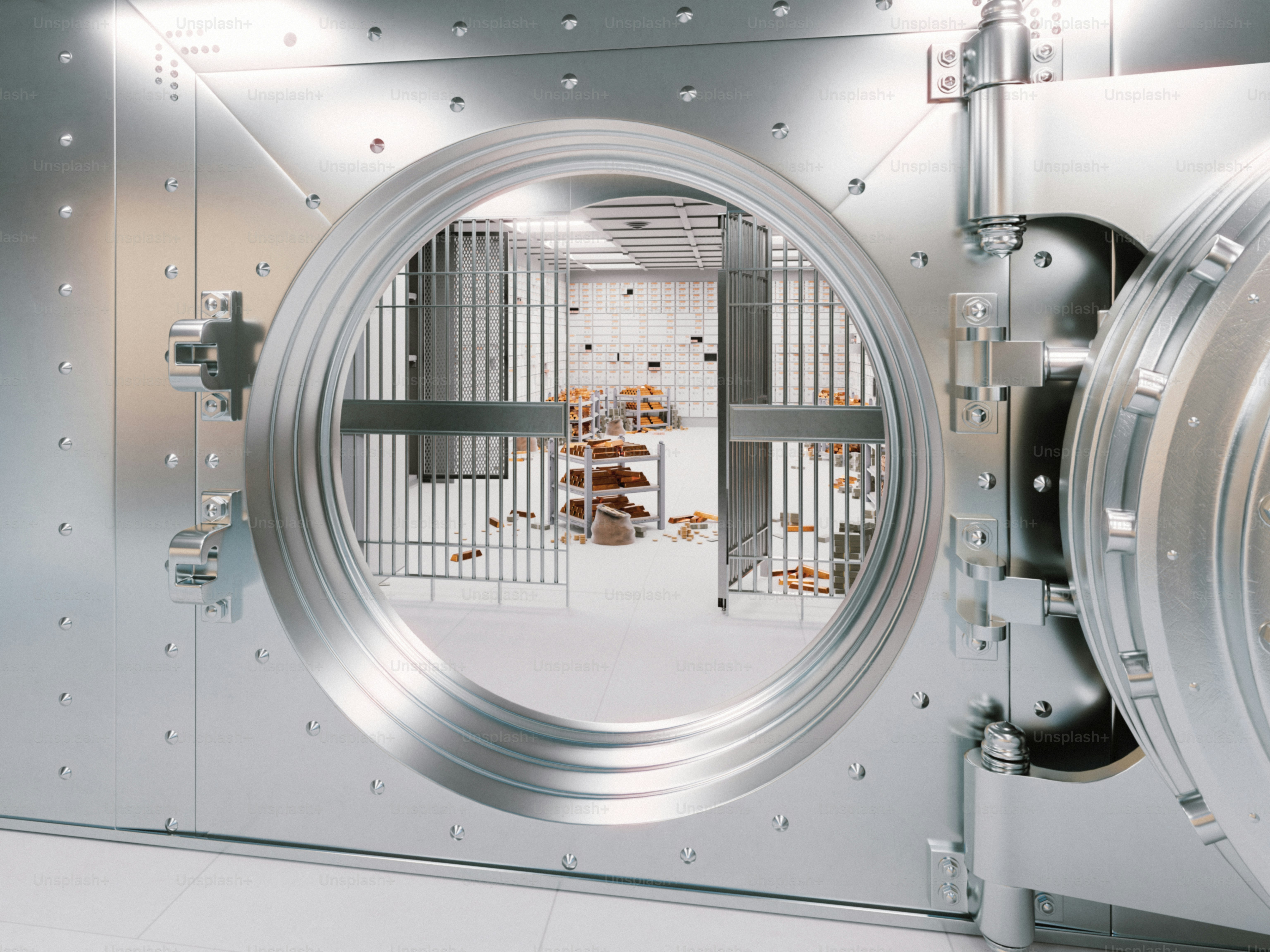 An open bank vault reveals rows of shelves.