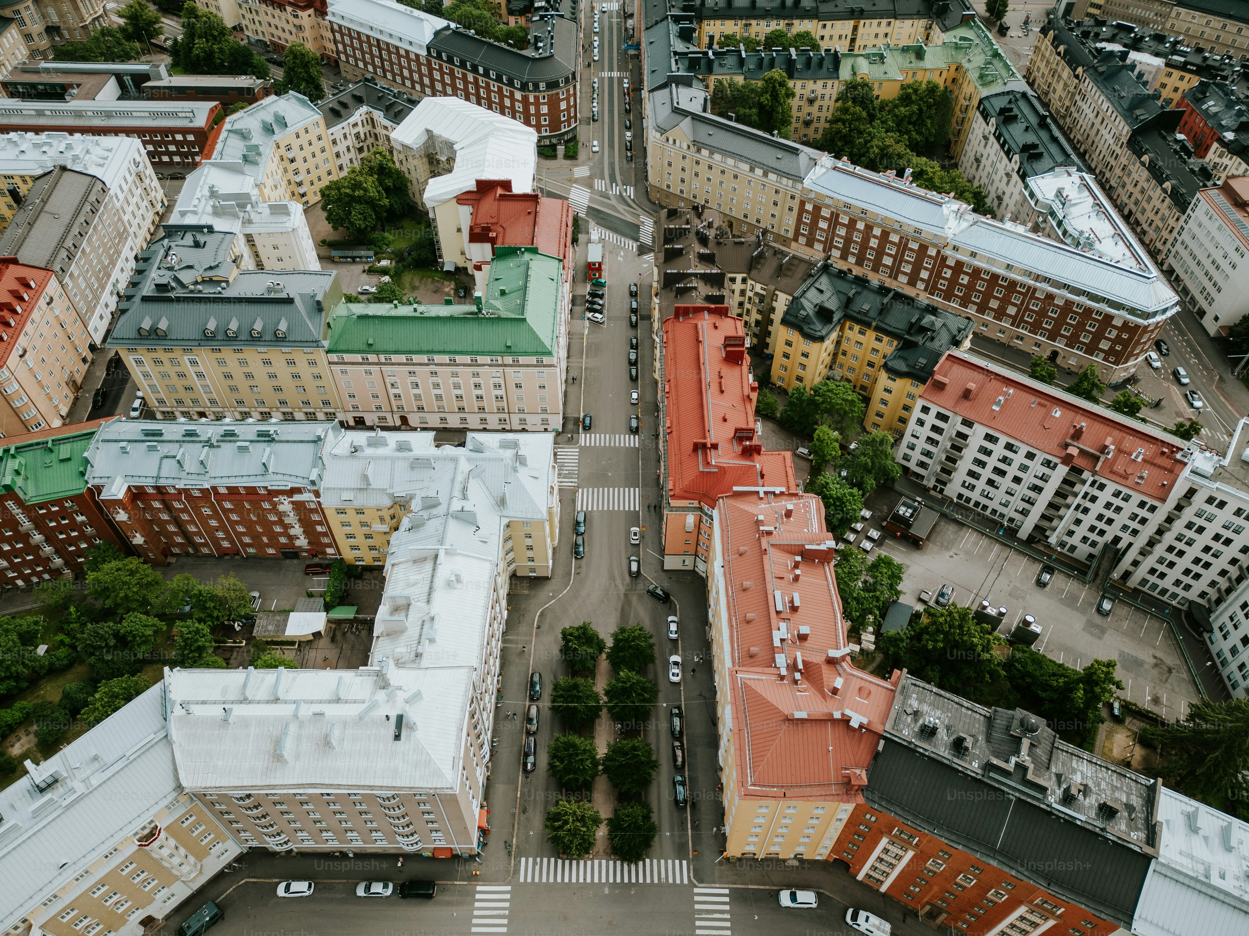 Series of various drone shots in different time around Helsinki shot in summer