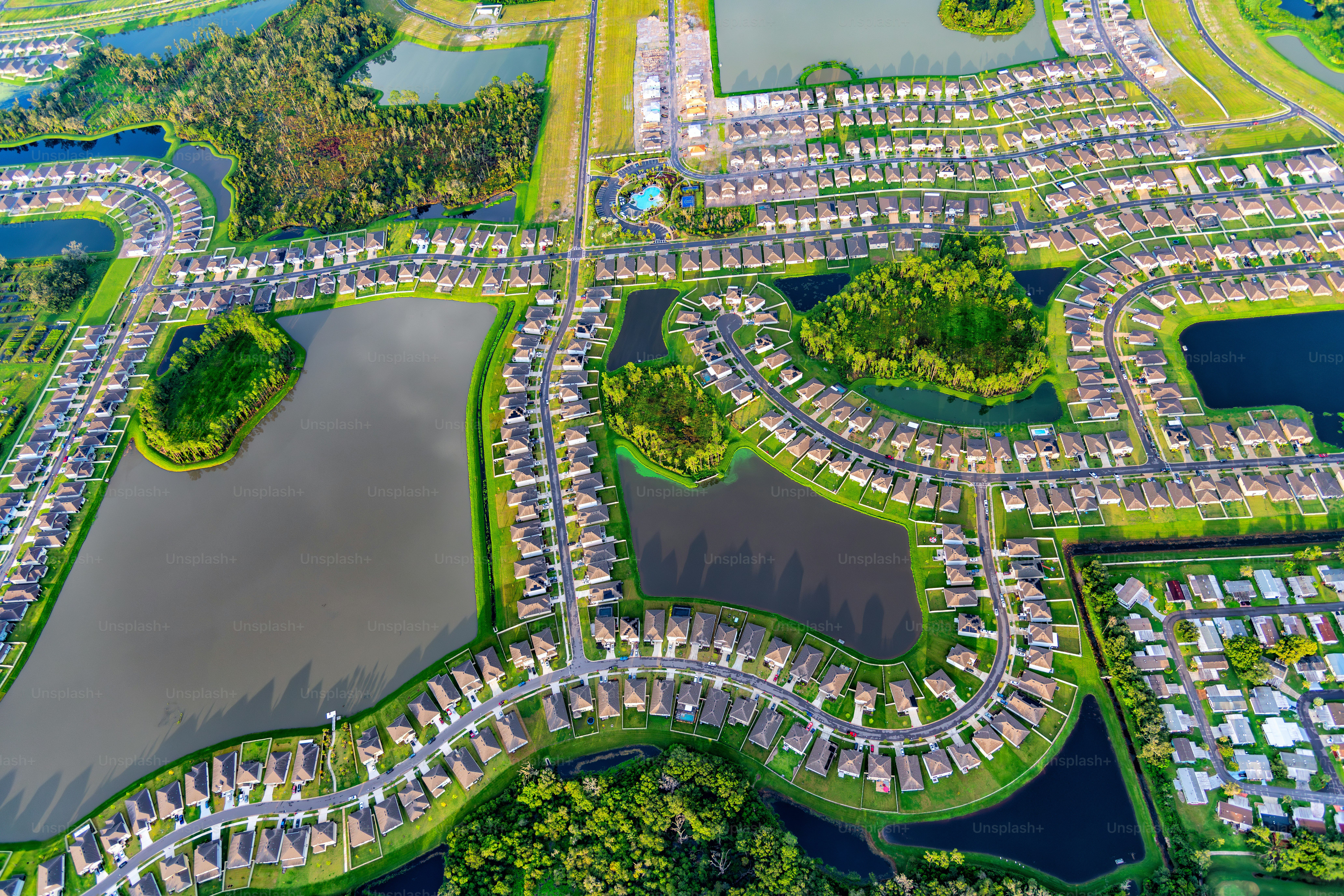 Aerial view of a suburban Tampa subdivision located in Lakeland just east of downtown Tampa shot via helicopter from an altitude of about 1500 feet.