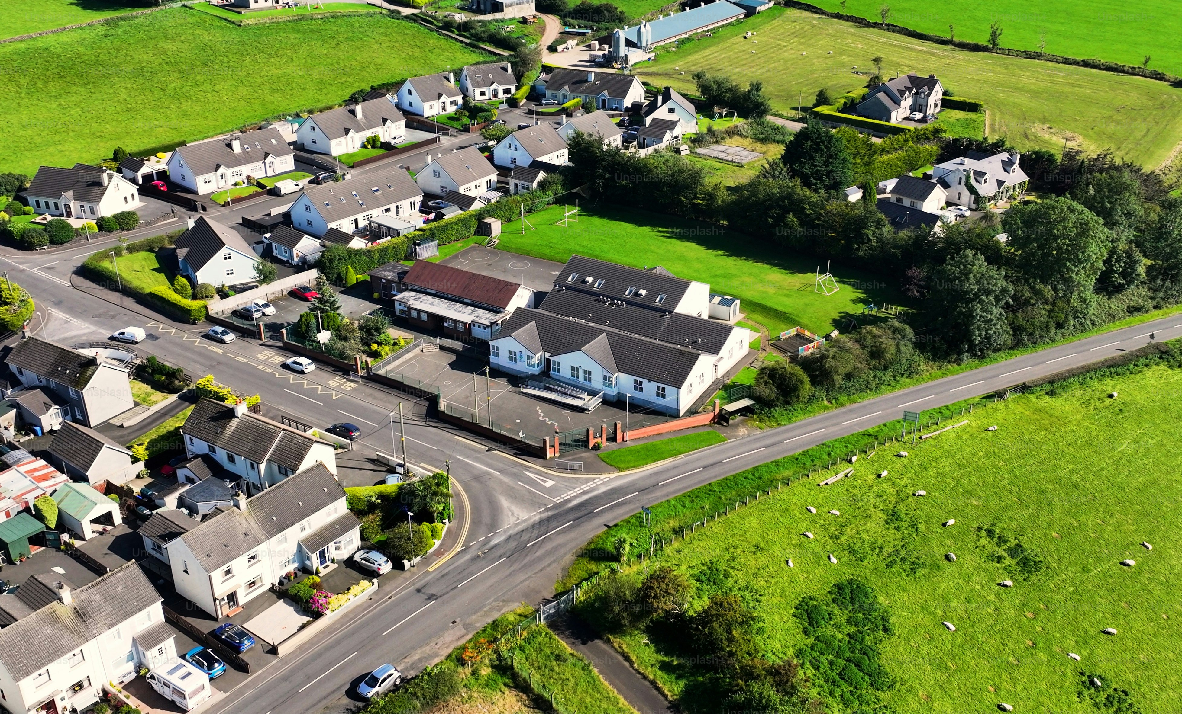 Aerial view of St Anne's Primary School Corkey Co Antrim Northern Ireland