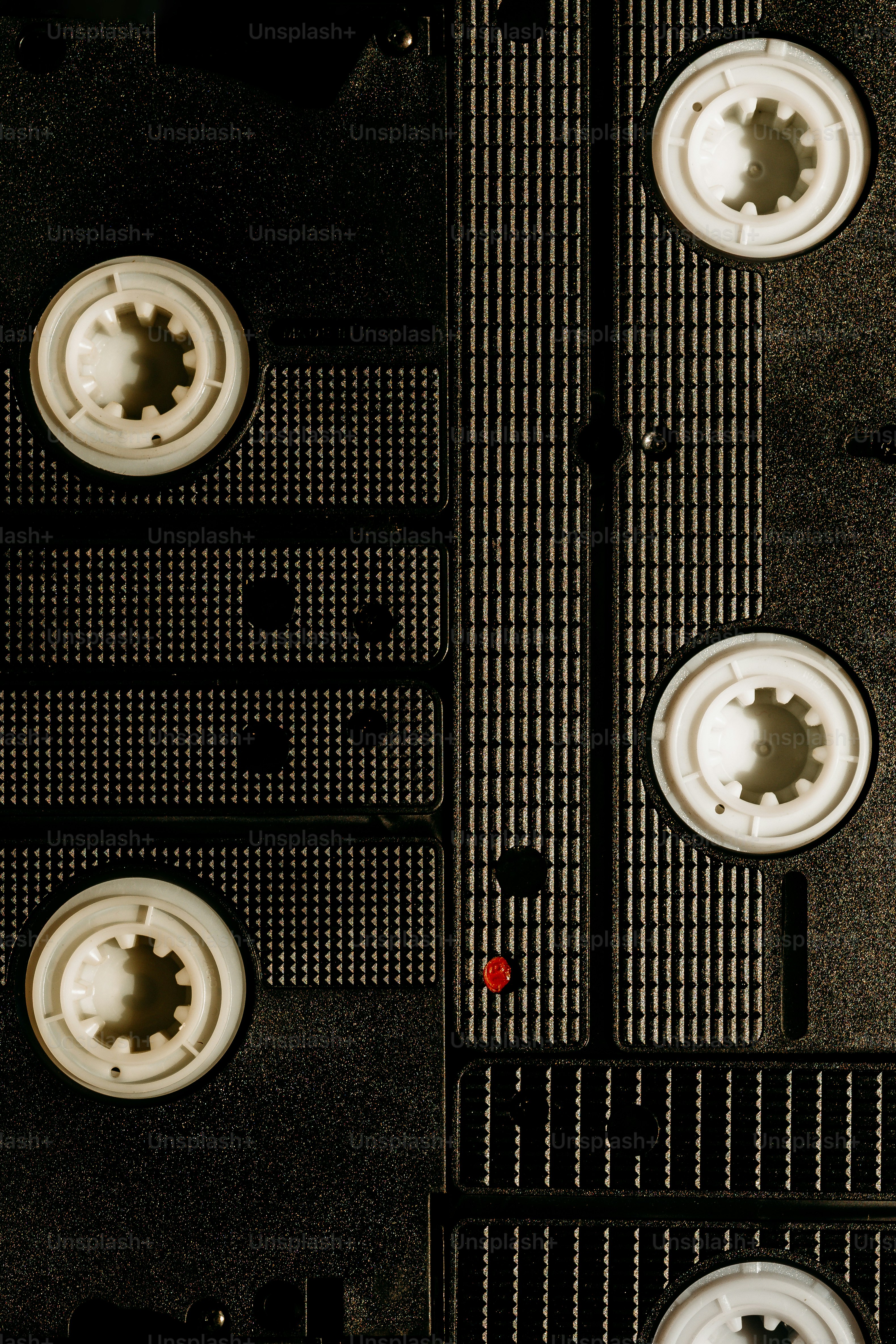 Close-up of vintage vhs tapes stacked together